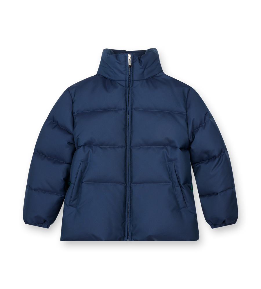 Navy blue puffer jacket on a white background