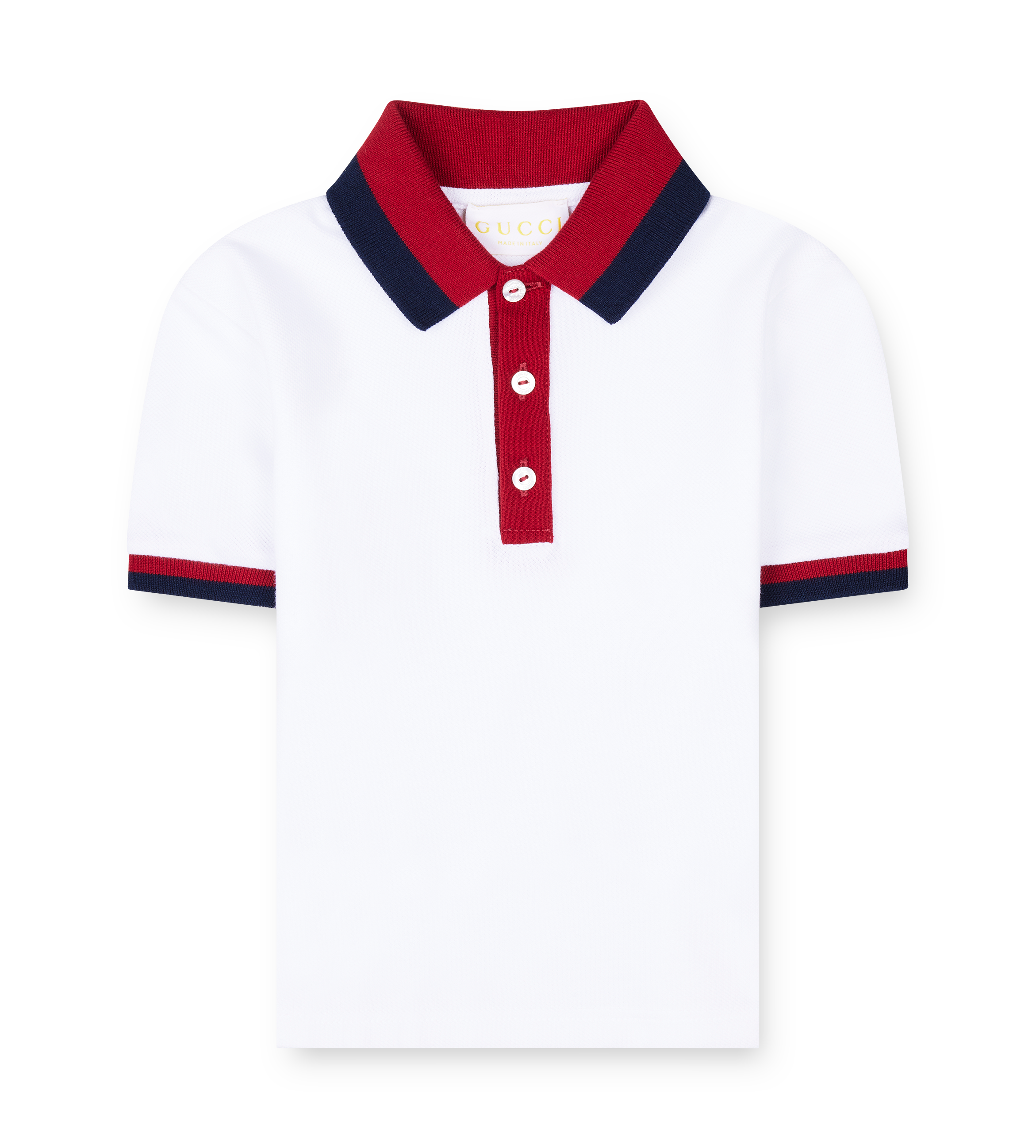white polo with red and blue accents