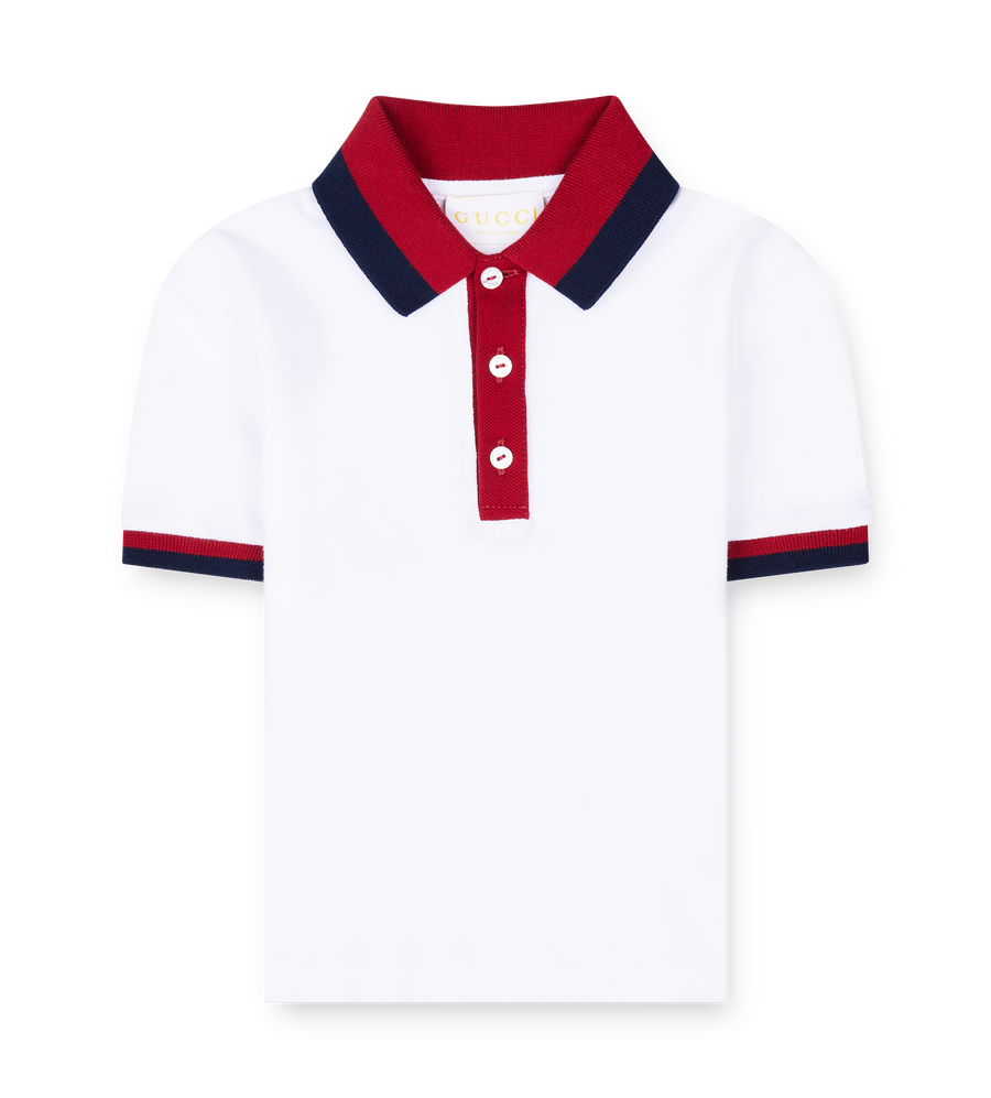 white polo with red and blue accents