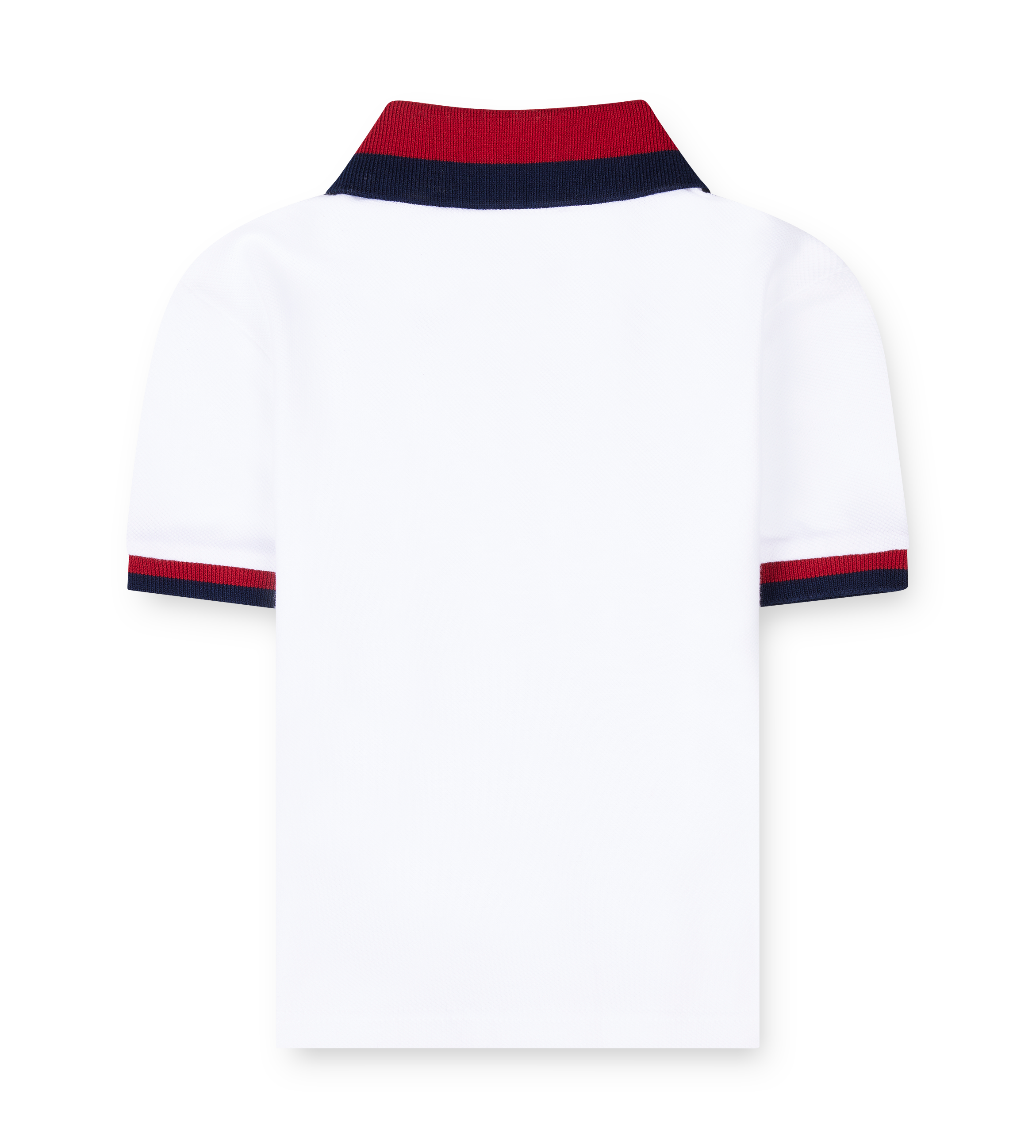 white polo with red and navy blue accents