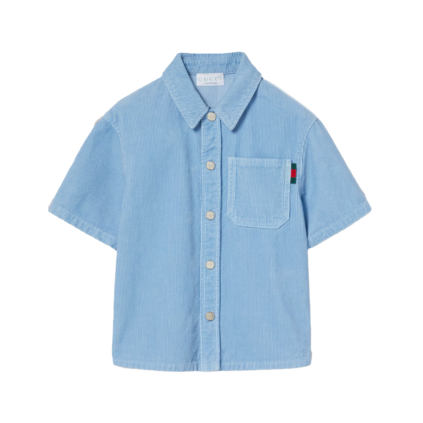 Light blue striped shirt with a pocket on a white background