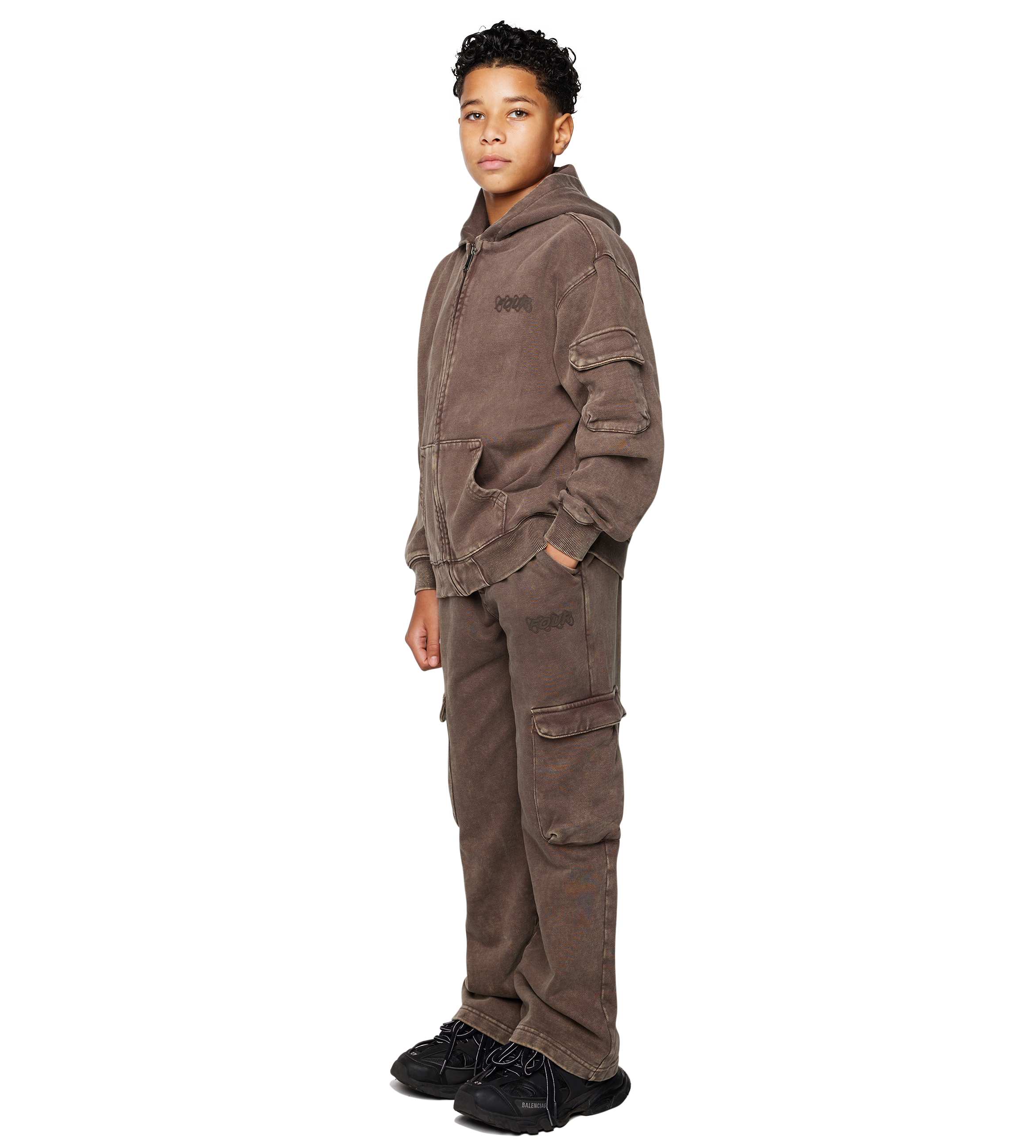 Circles Boxy Zip Up Hoodie Washed Brown