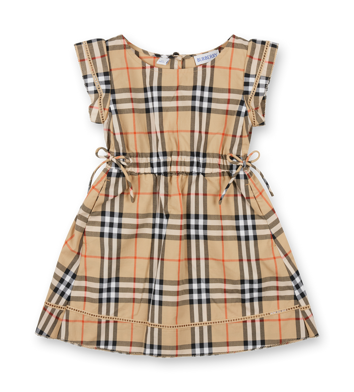 Baby Check Cotton Dress in Sand Beige