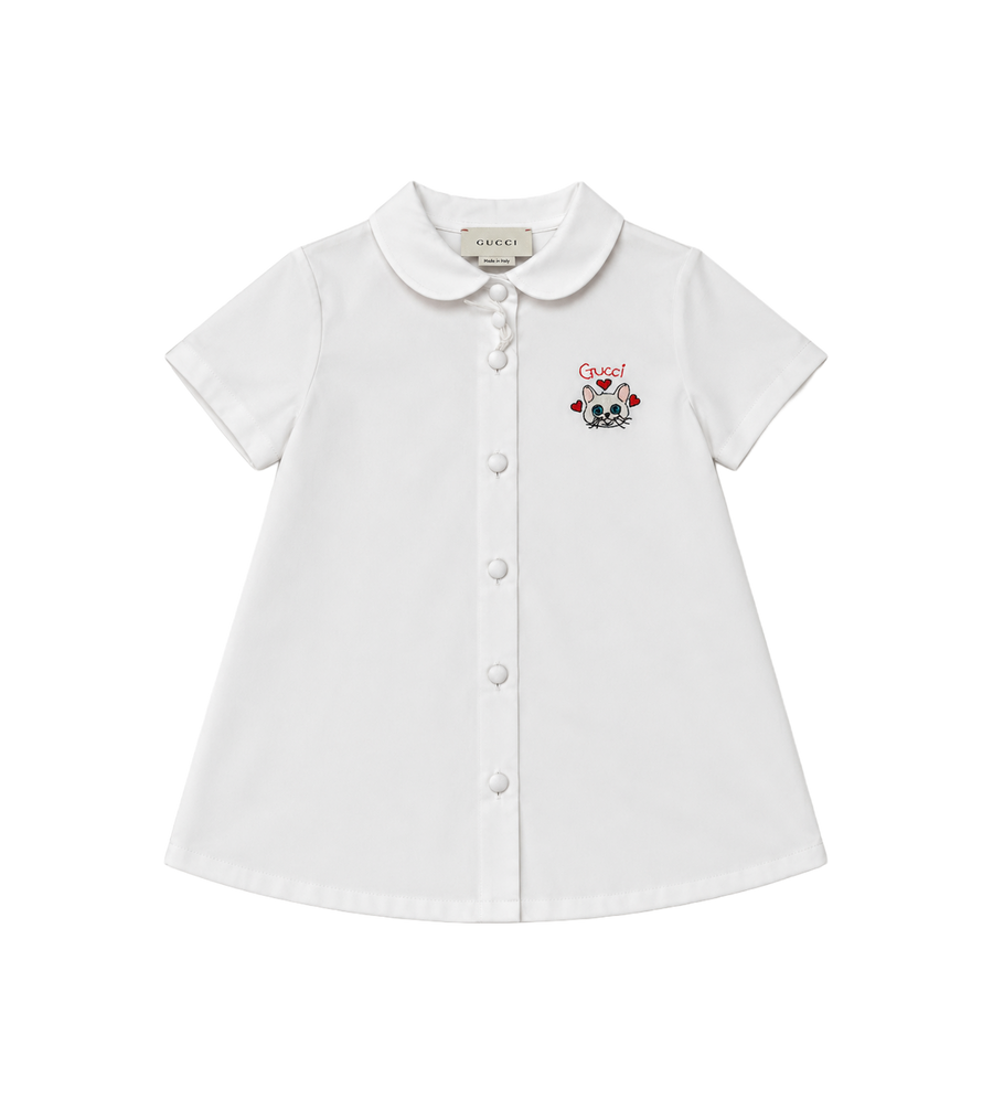 Kids Geborduurd Kat Katoenen Shirt Wit