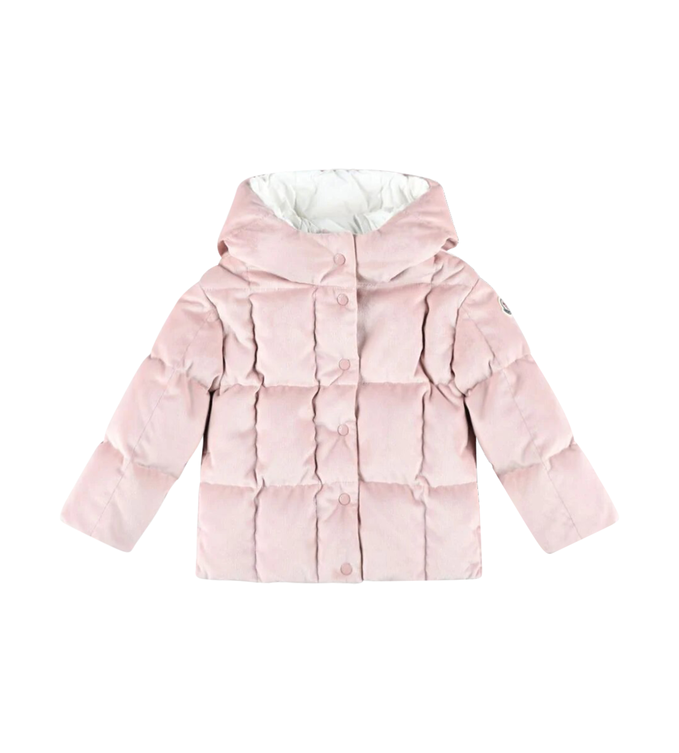 A pink down jacket for babies by Moncler Enfant, featuring a hood, zip and snap button closures, and elastic cuffs.