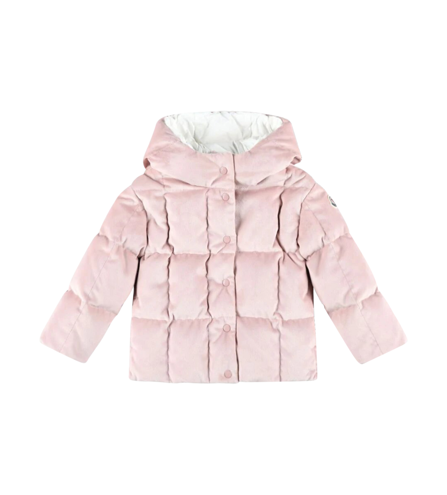 A pink down jacket for babies by Moncler Enfant, featuring a hood, zip and snap button closures, and elastic cuffs.