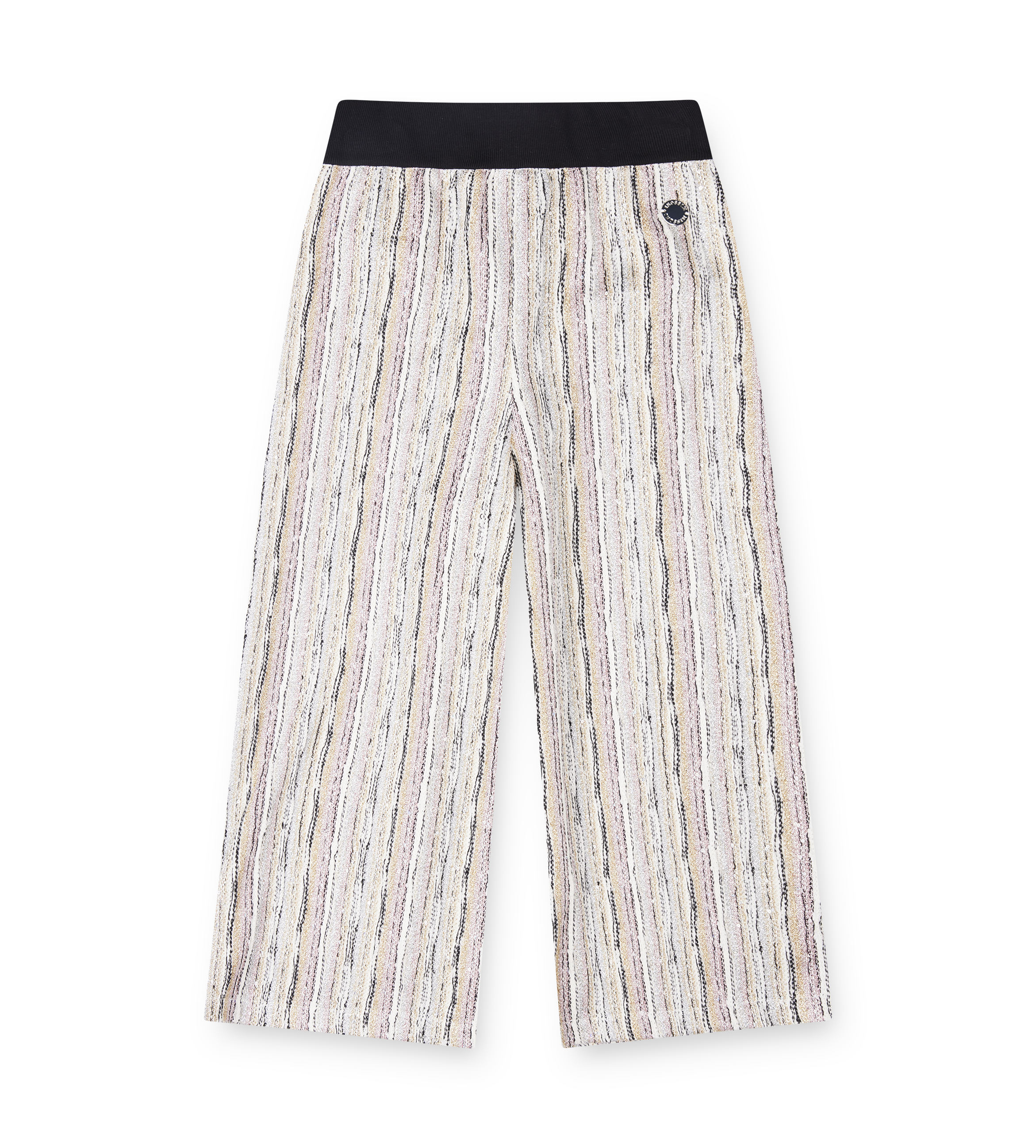 Striped pants with a black waistband on a white background