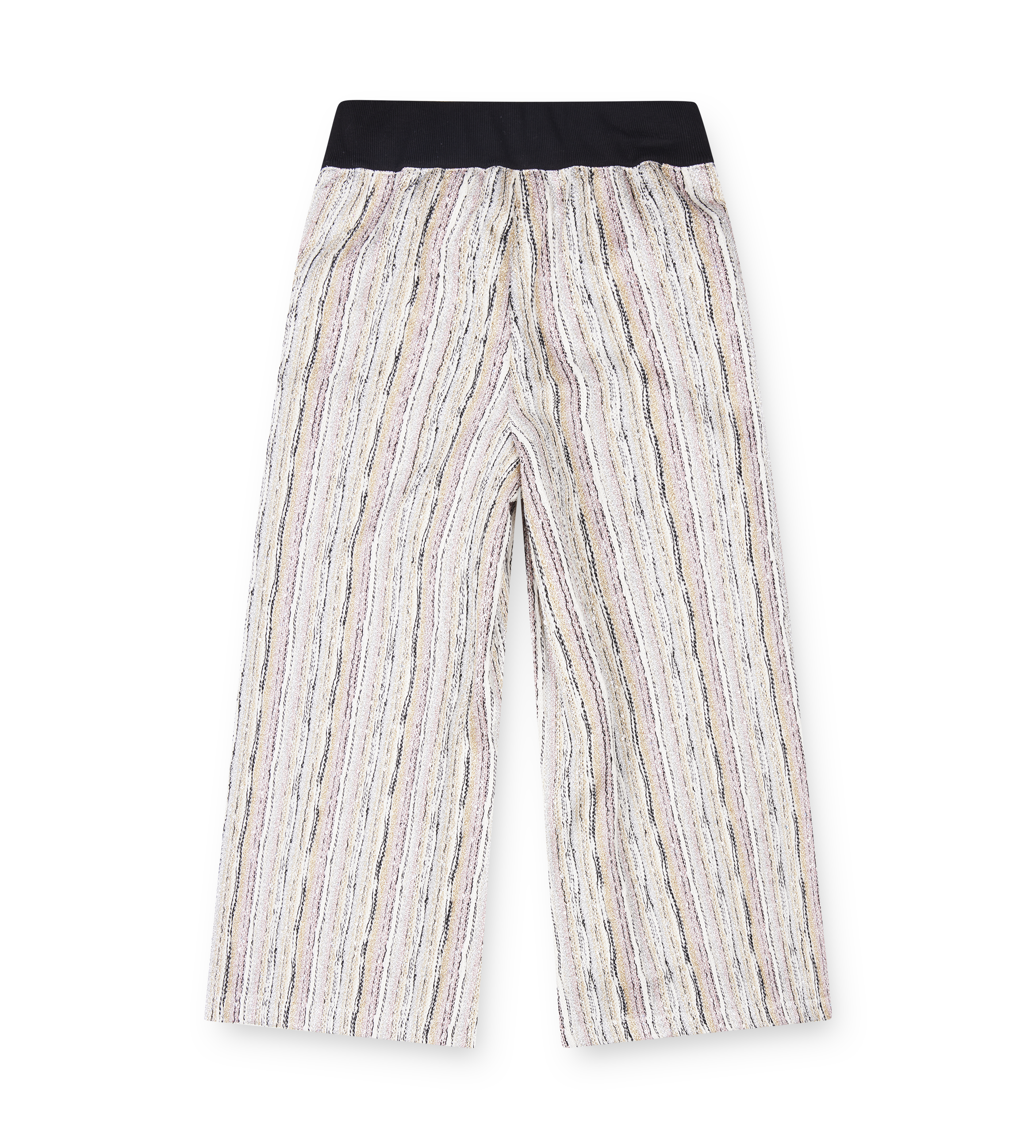 Striped pants with a black waistband on a white background