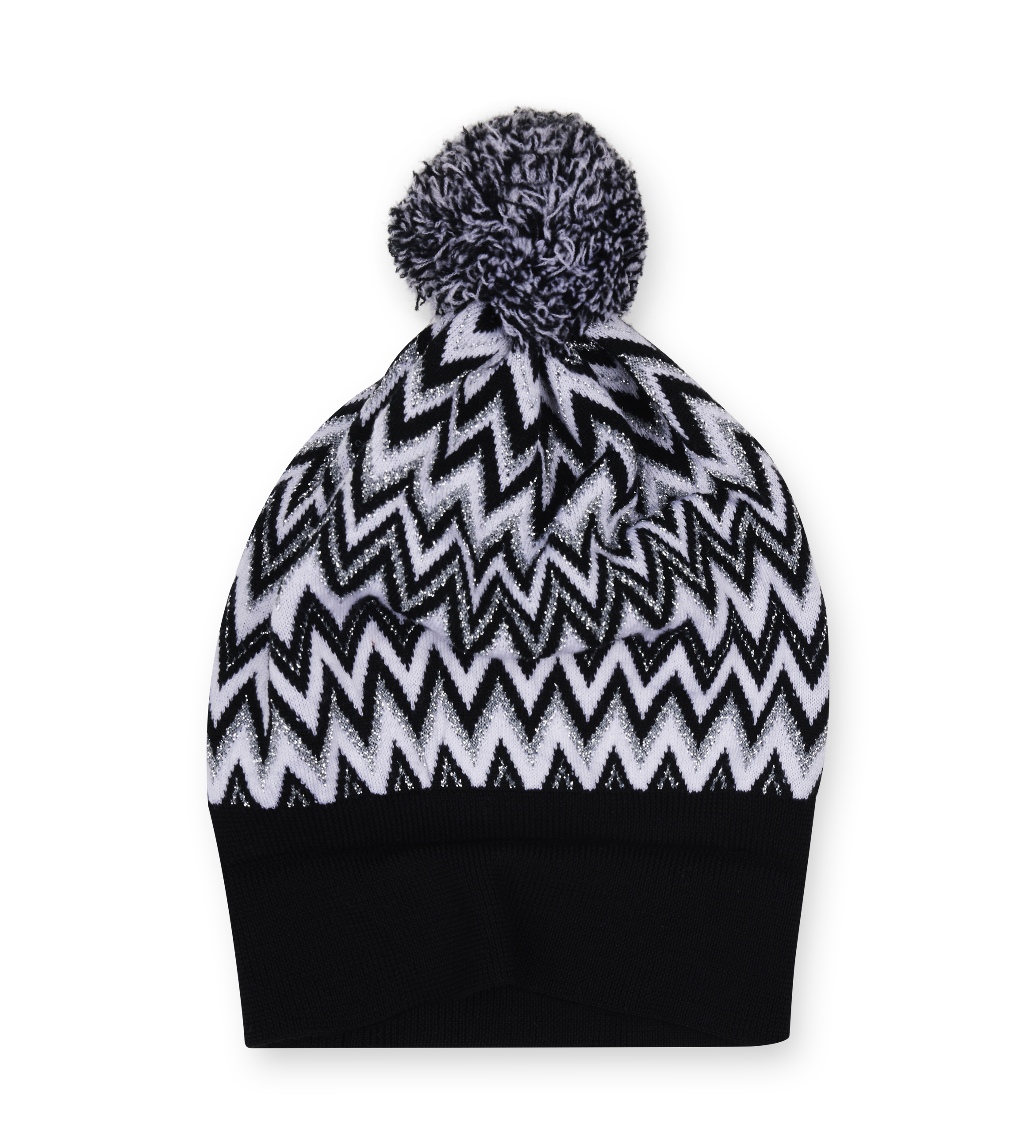Black and white zigzag patterned beanie with a pom-pom on a white background