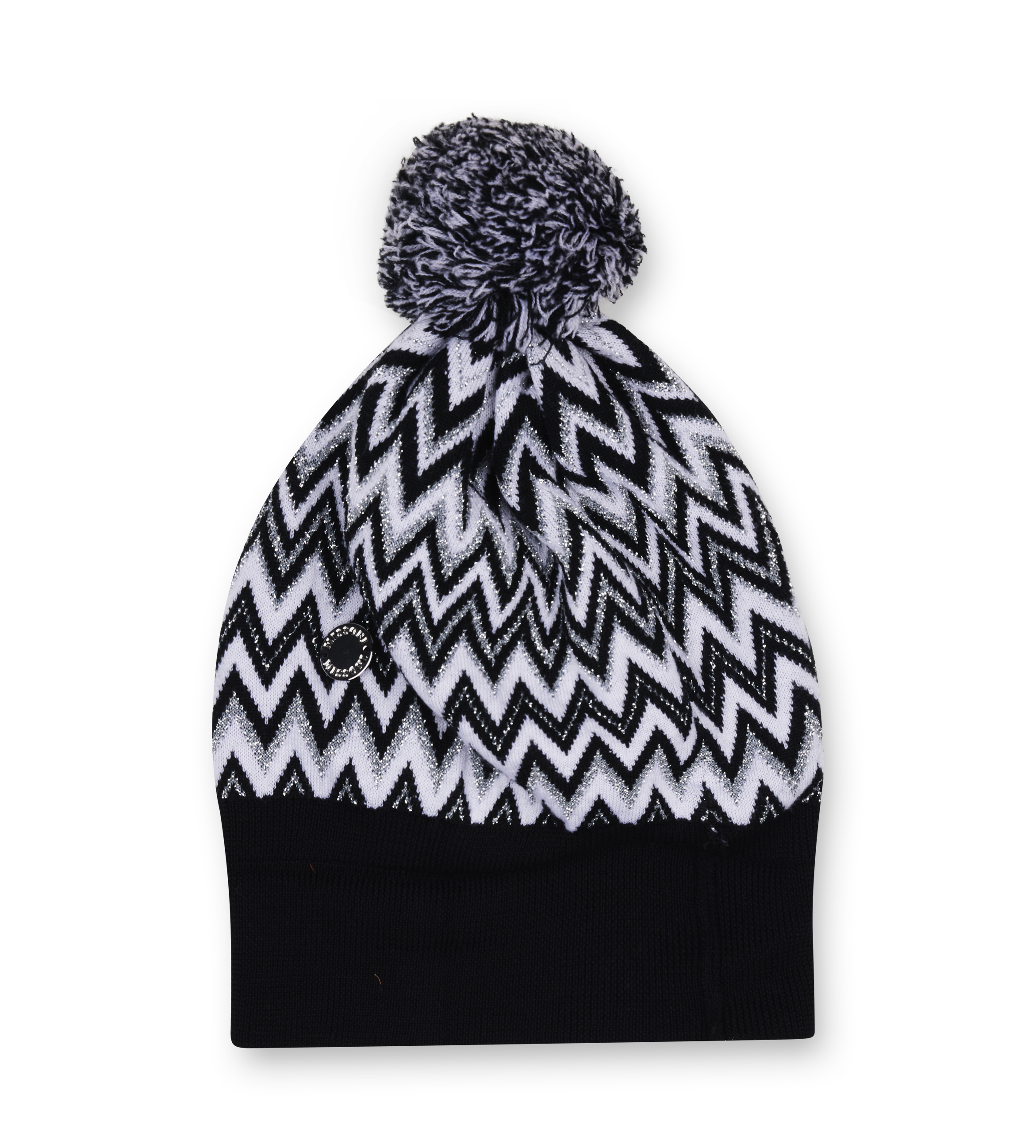 Black and white chevron patterned beanie with a pom-pom on a white background