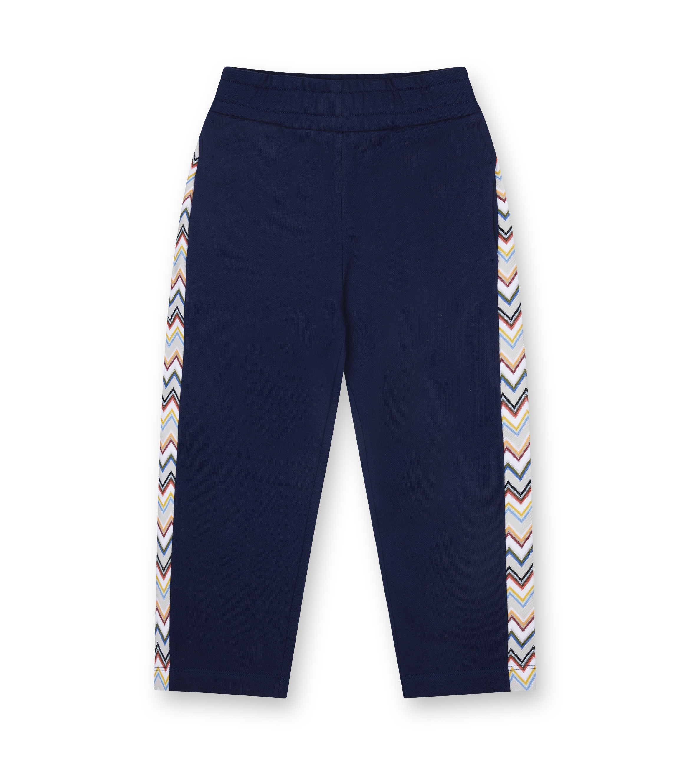 Navy blue pants with colorful striped sides on a white background