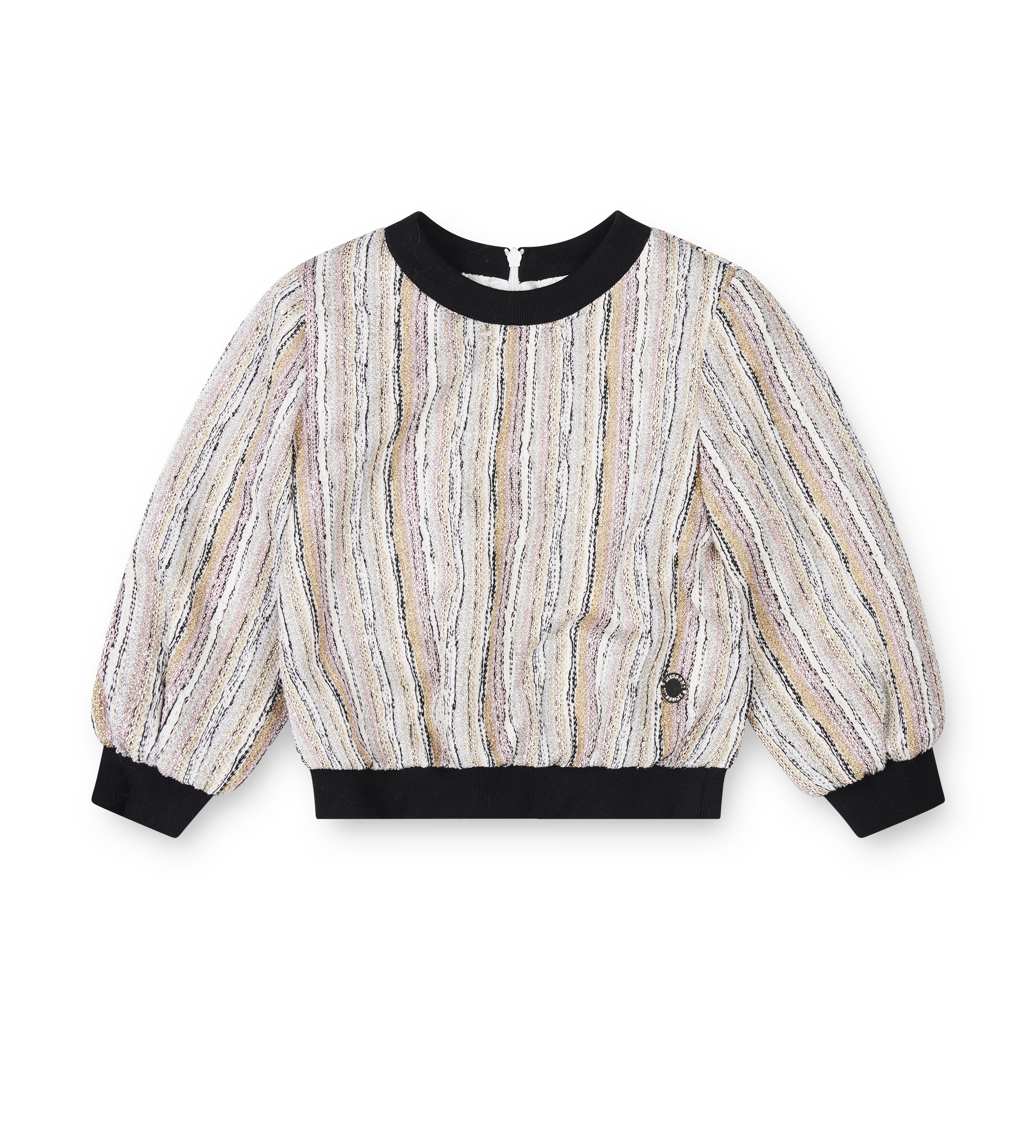 Striped sweater with black trim on a white background