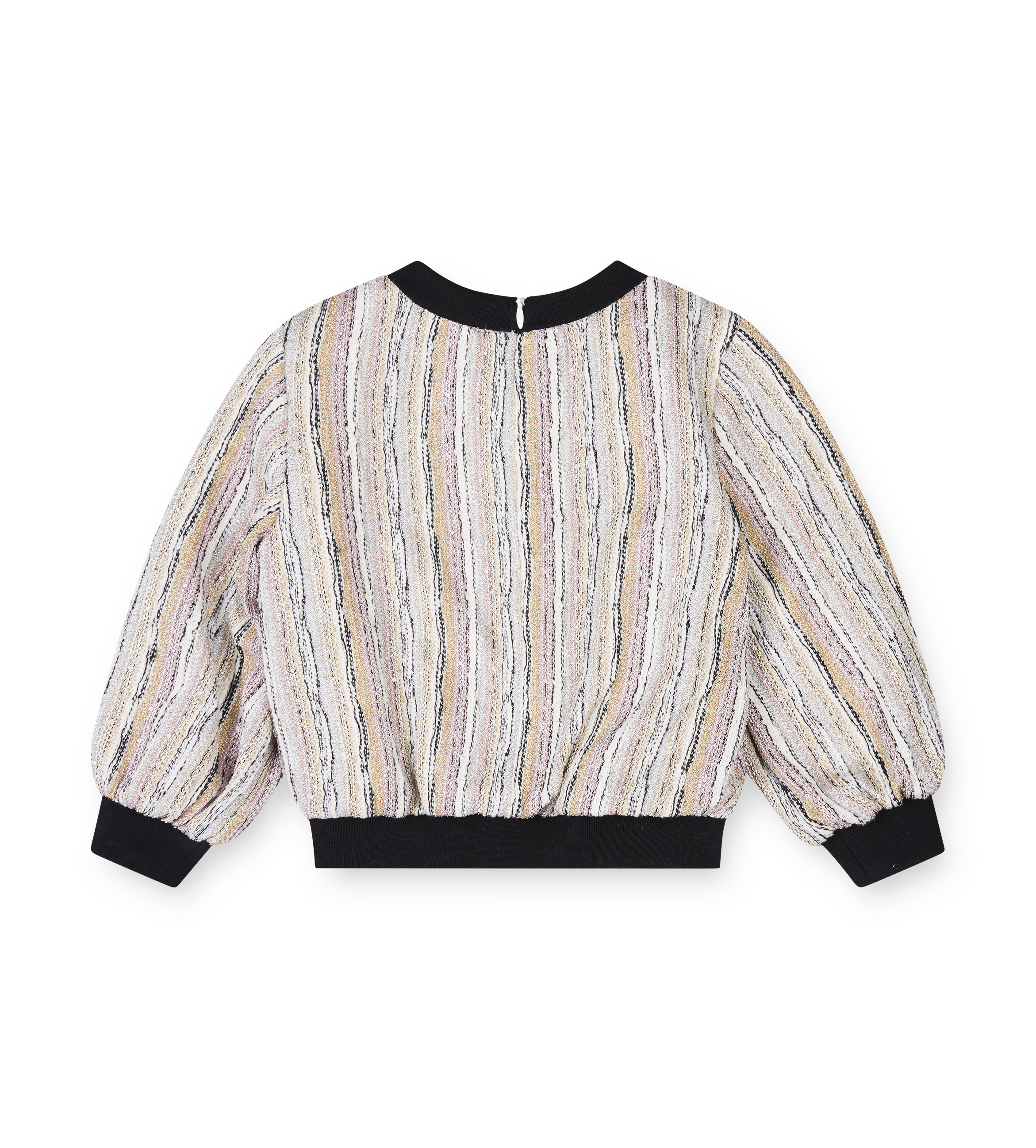 Back view of a patterned sweater with black cuffs and neckline on a white background