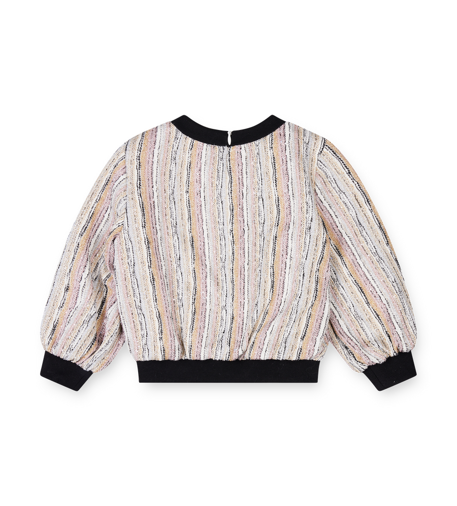 Back view of a patterned sweater with black cuffs and neckline on a white background