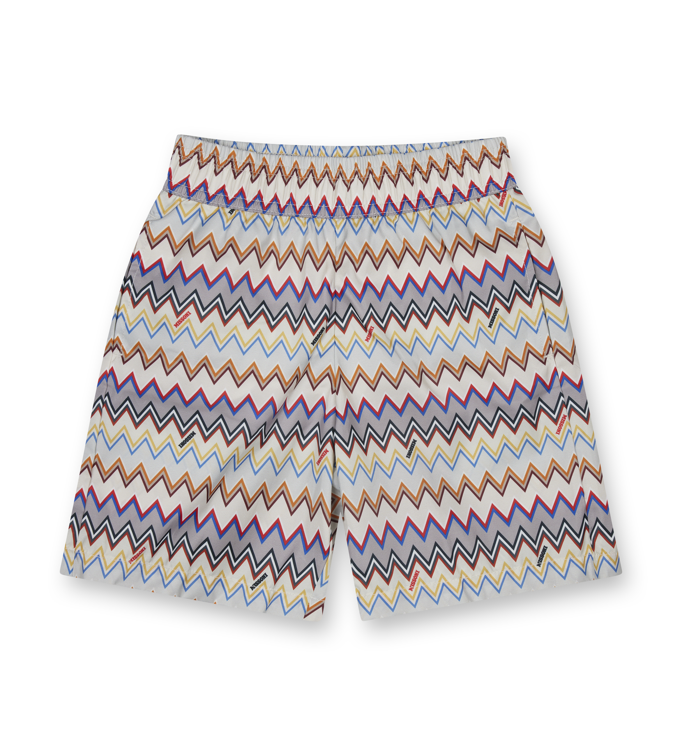Colorful zigzag patterned shorts on a white background