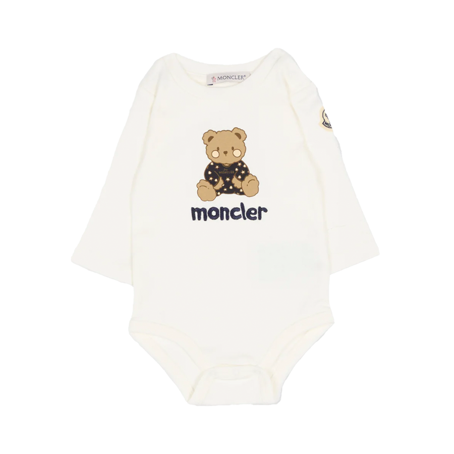 Moncler Bear Bodysuit with Matching Teddy Bear Bib in Ivory (Baby)