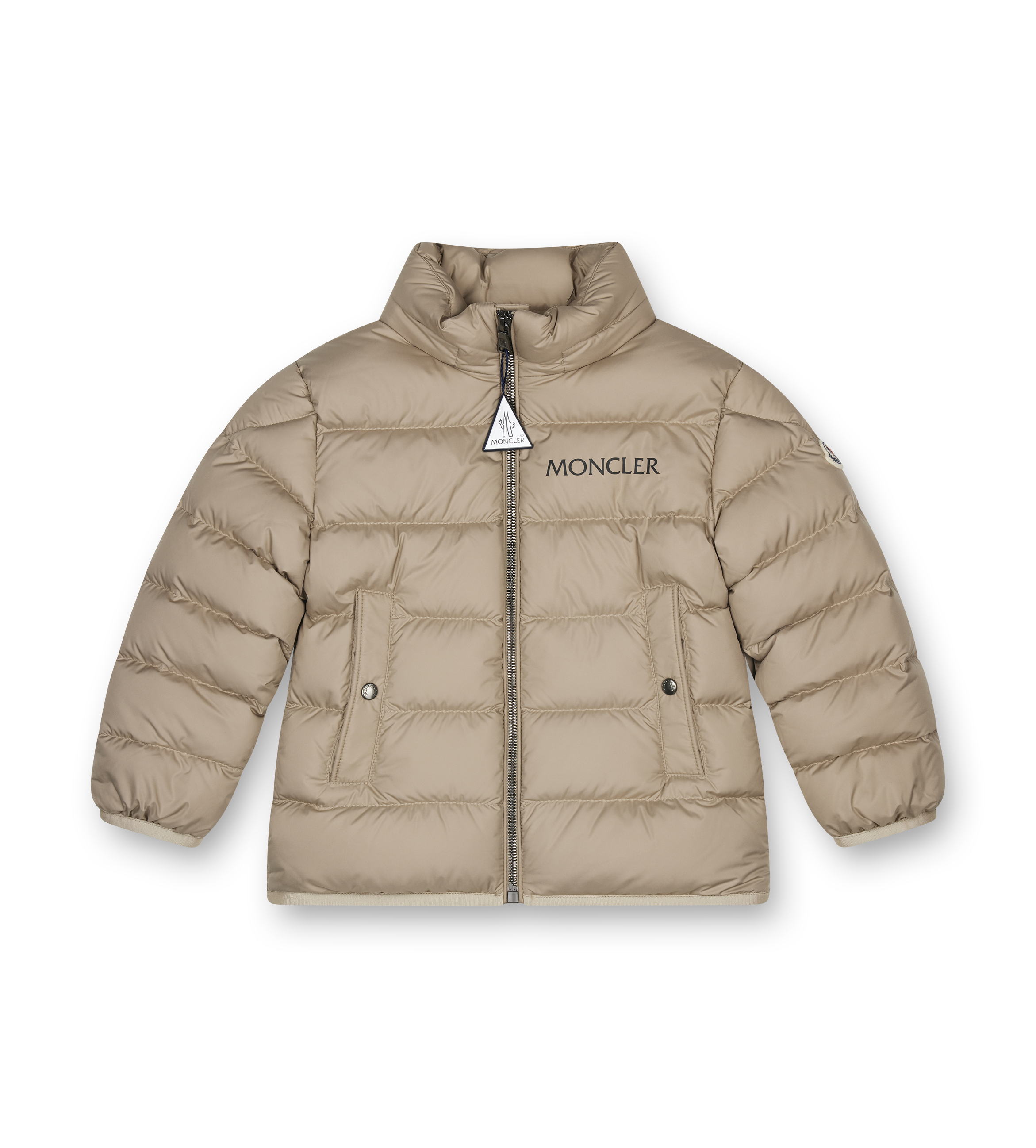 Beige puffer jacket with Moncler logo on a white background