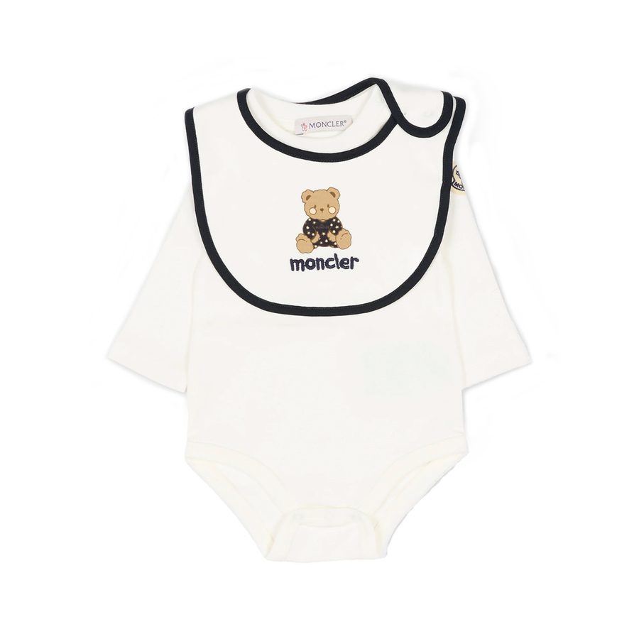 Moncler Bear Bodysuit with Matching Teddy Bear Bib in Ivory (Baby)