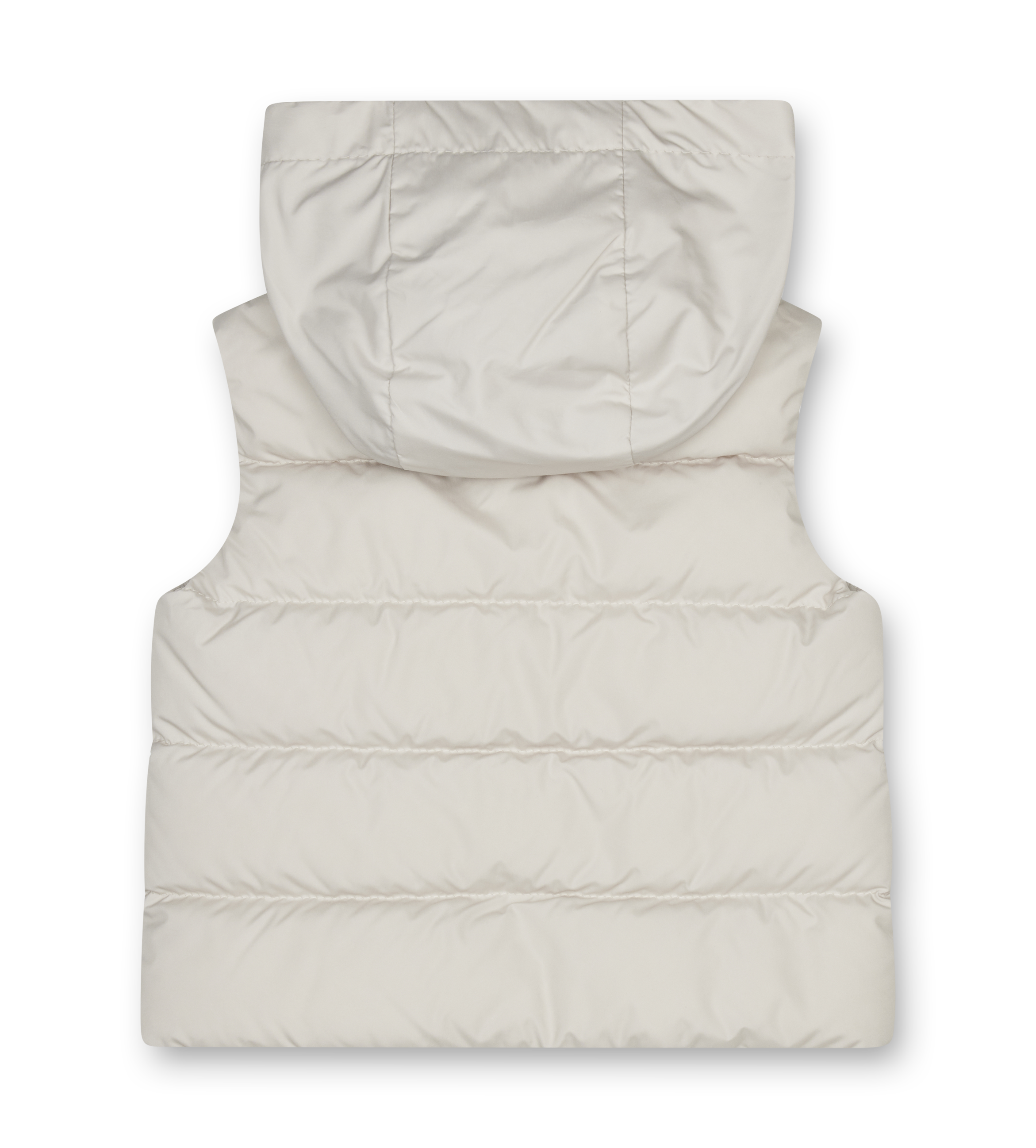 White quilted gilet with hood on a white background