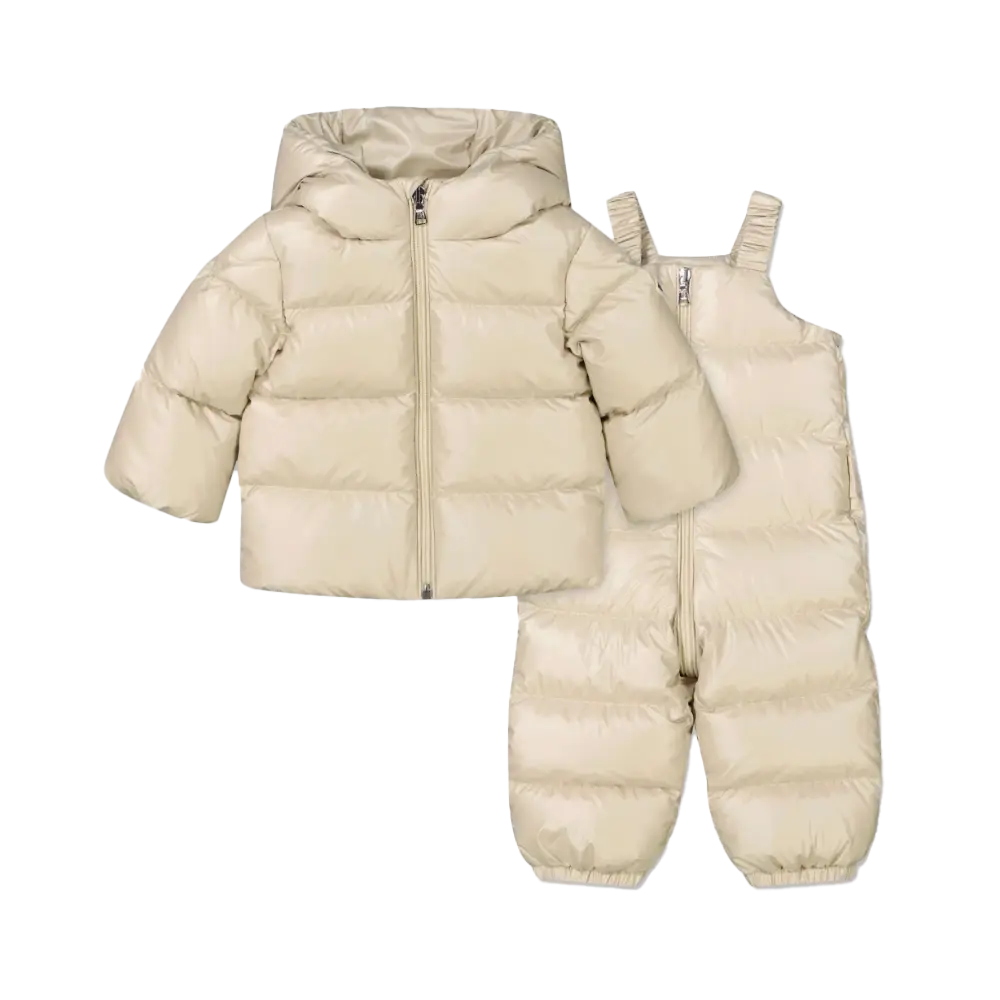 Moncler Deidre Down Puffer Snowsuit Set in Cream (Baby)