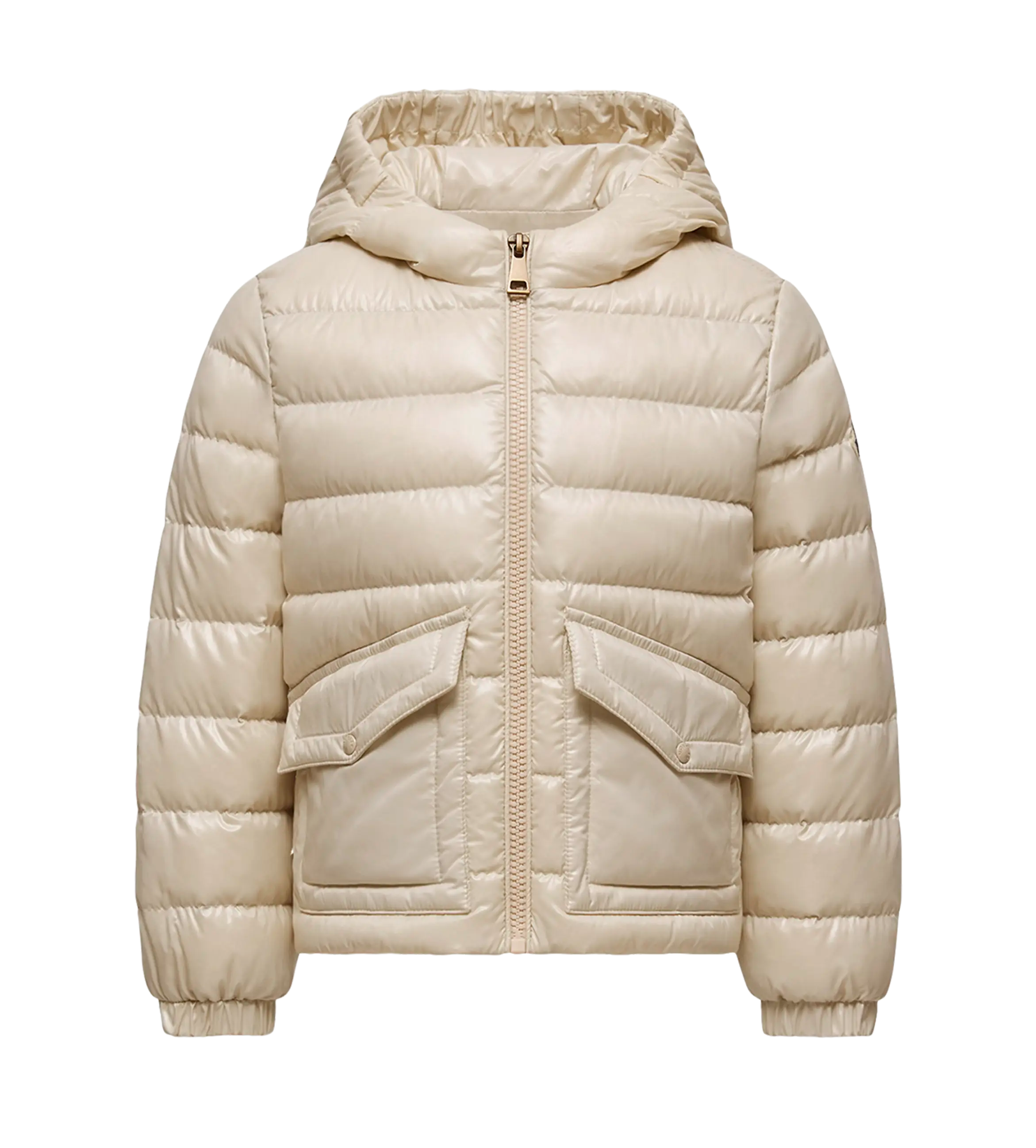 Beige puffer jacket with a hood on a white background