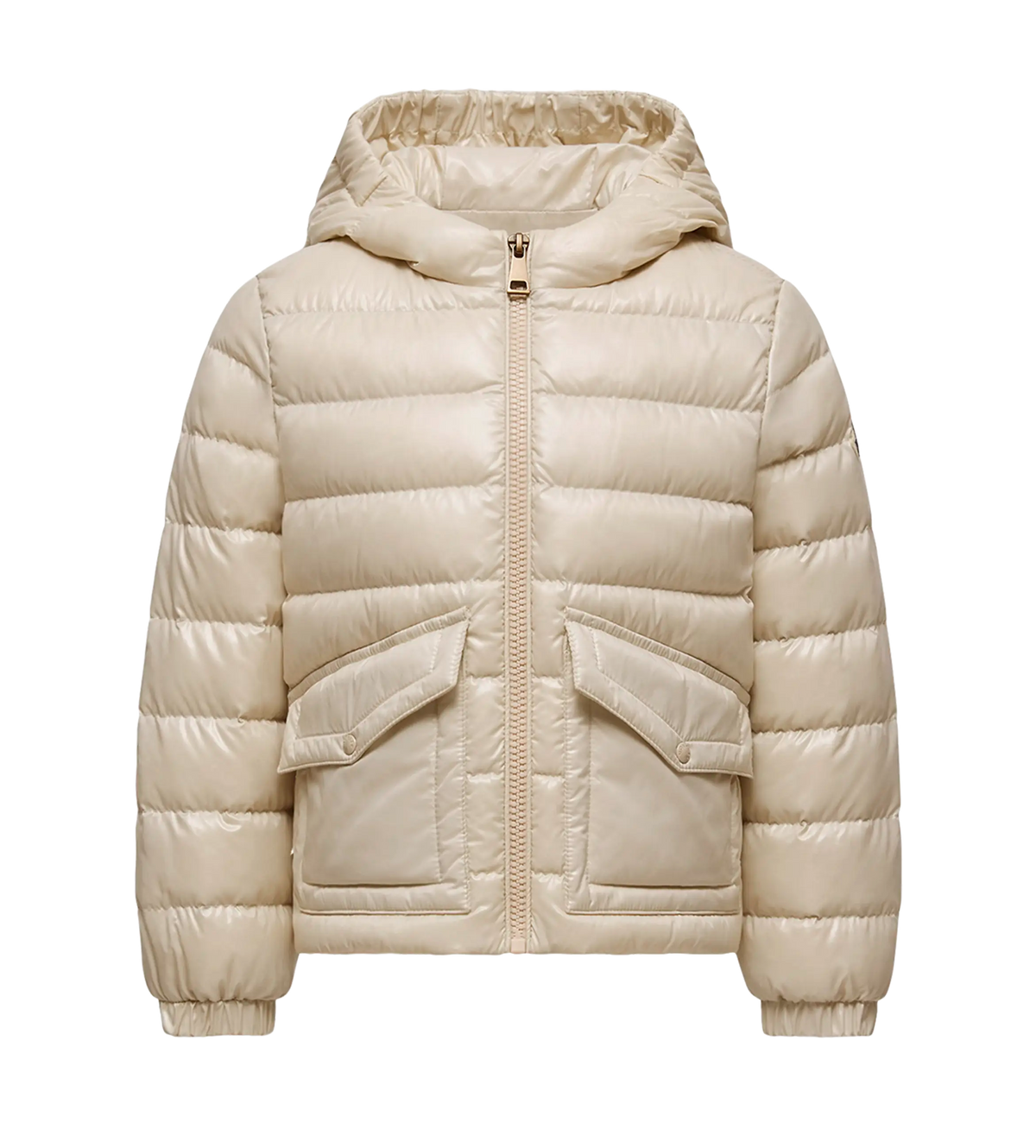 Beige puffer jacket with a hood on a white background