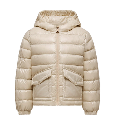 Beige puffer jacket with a hood on a white background