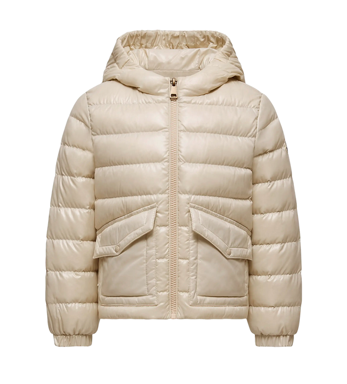 Beige puffer jacket with a hood on a white background