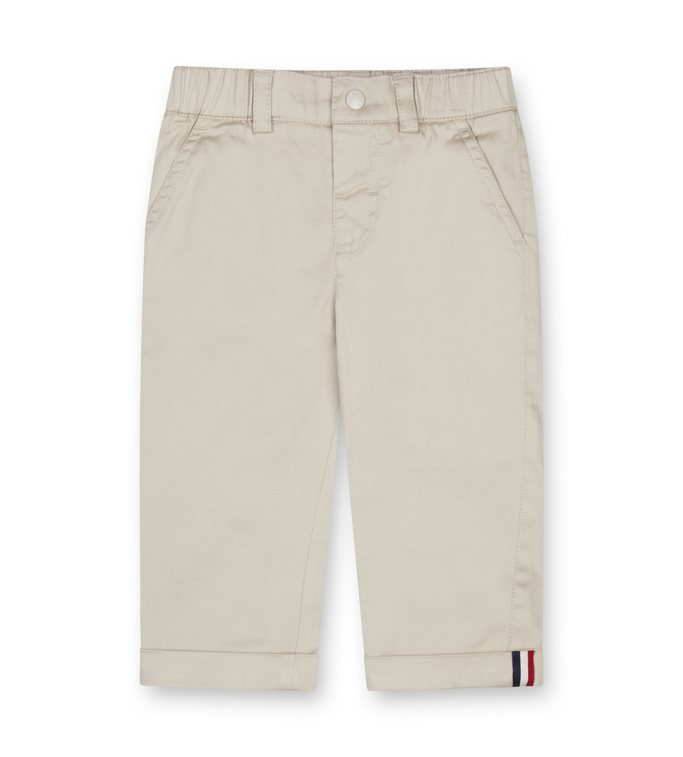 Beige pants with a striped detail on a white background