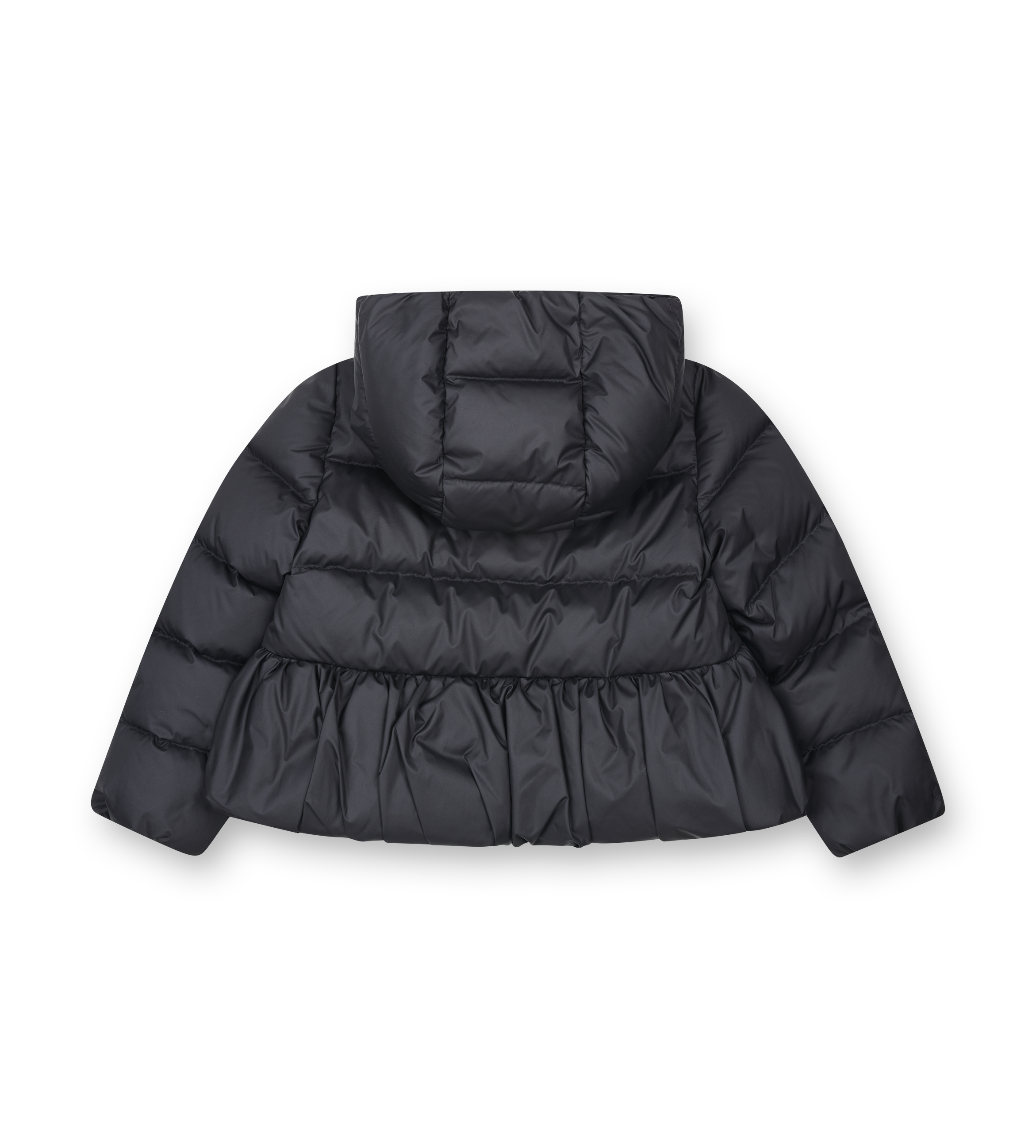 Black puffer jacket with a hood on a white background