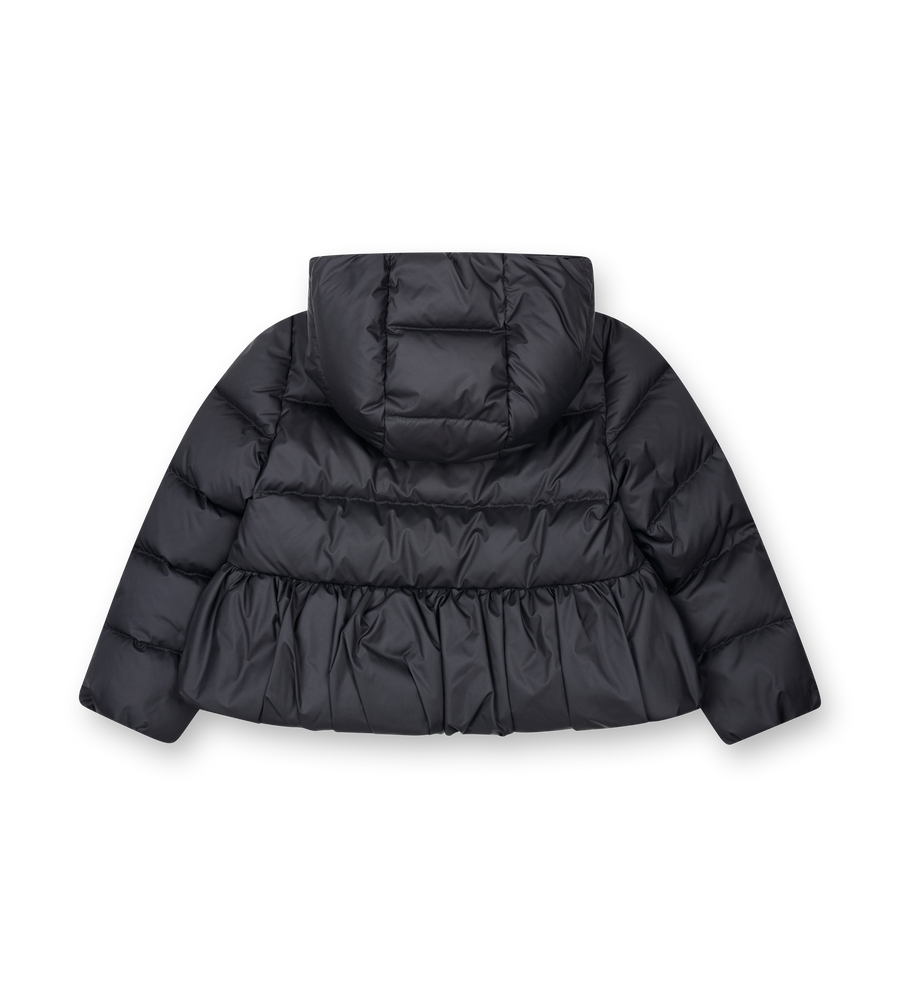 Black puffer jacket with a hood on a white background