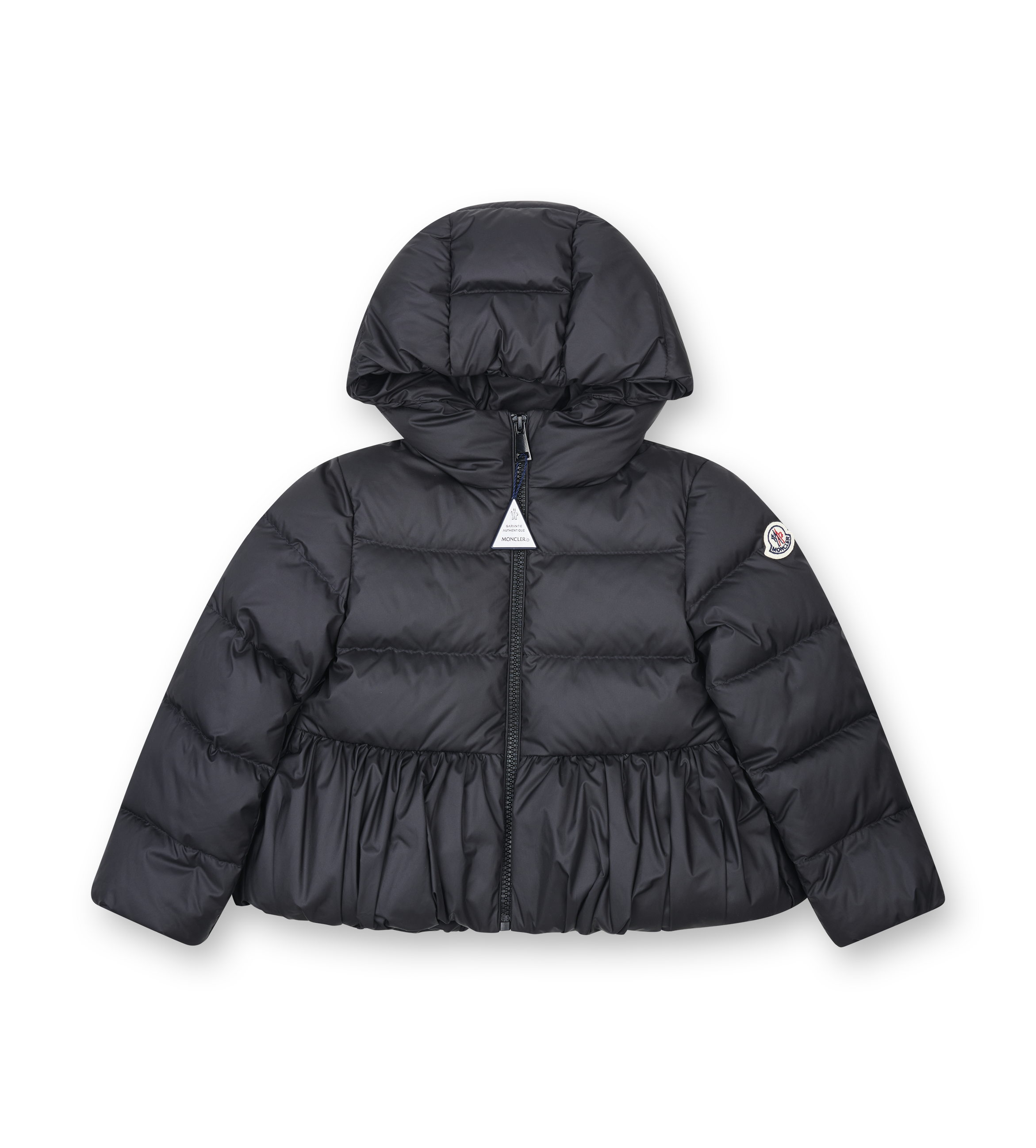 Black puffer jacket with a brand logo on a white background
