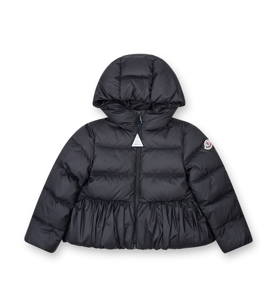Black puffer jacket with a brand logo on a white background