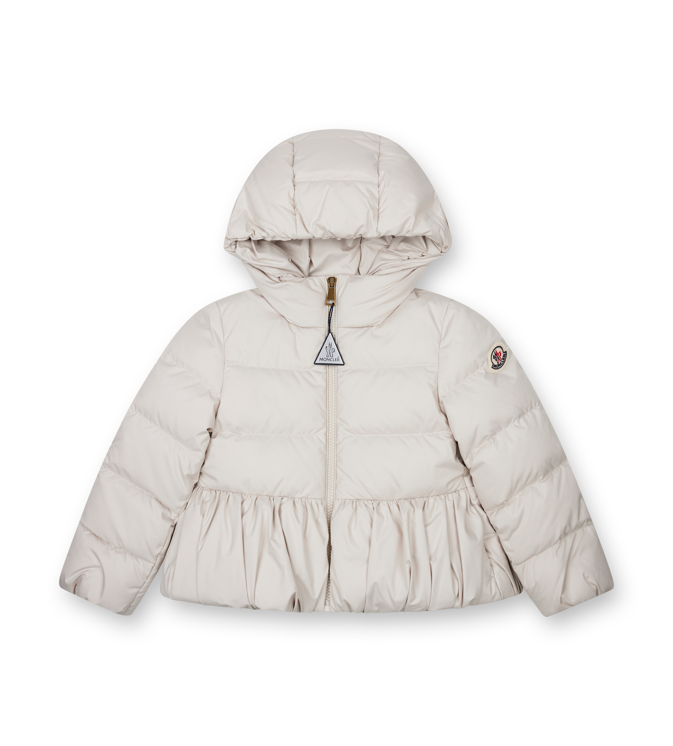 Beige puffer jacket with a hood on a white background