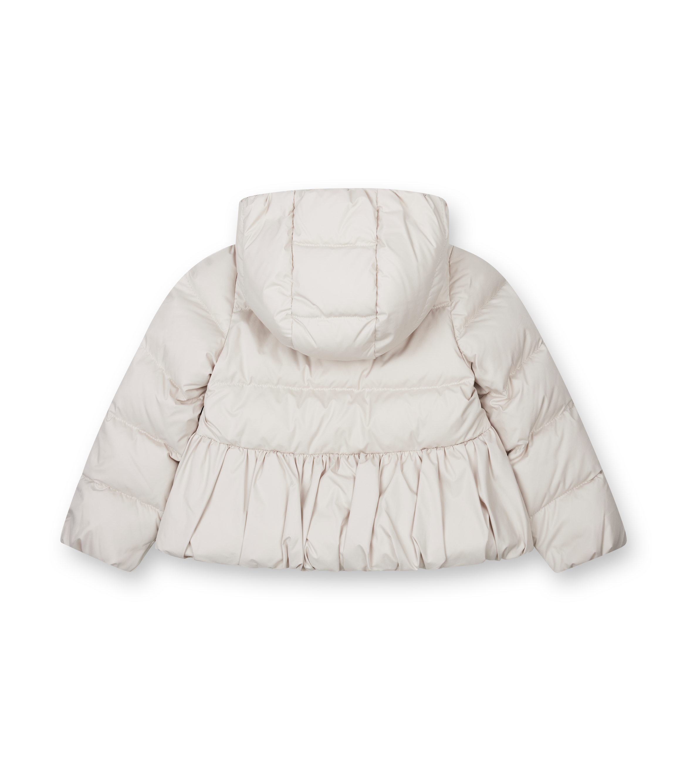 Beige puffer jacket with a hood on a white background