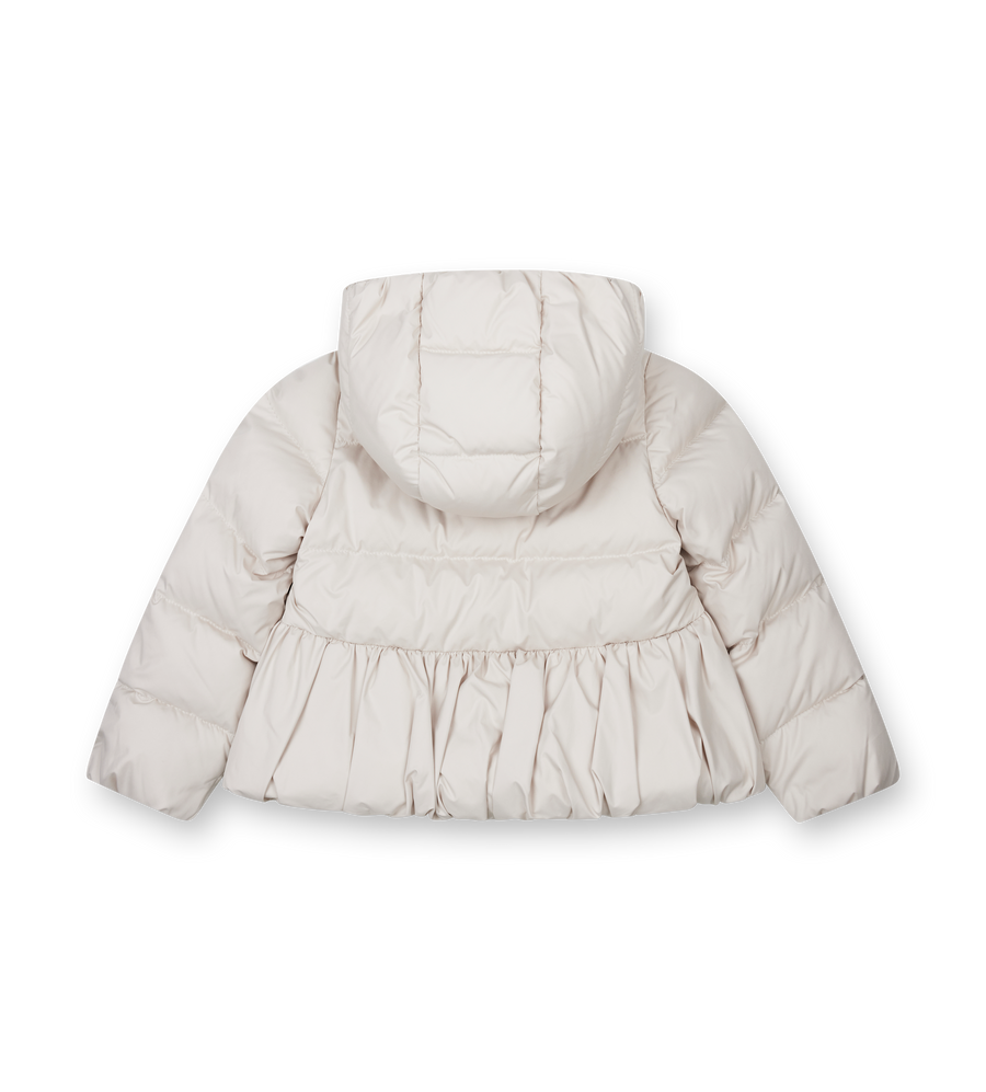 Beige puffer jacket with a hood on a white background