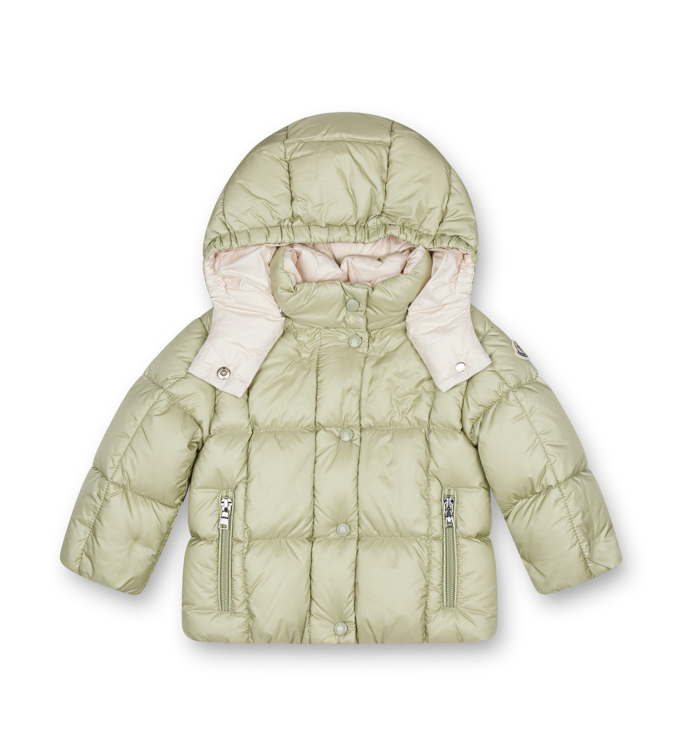 Green puffer jacket with pink lining on a white background