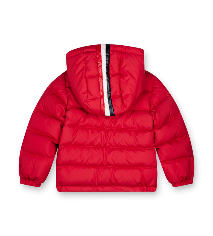 Red puffer jacket on a white background