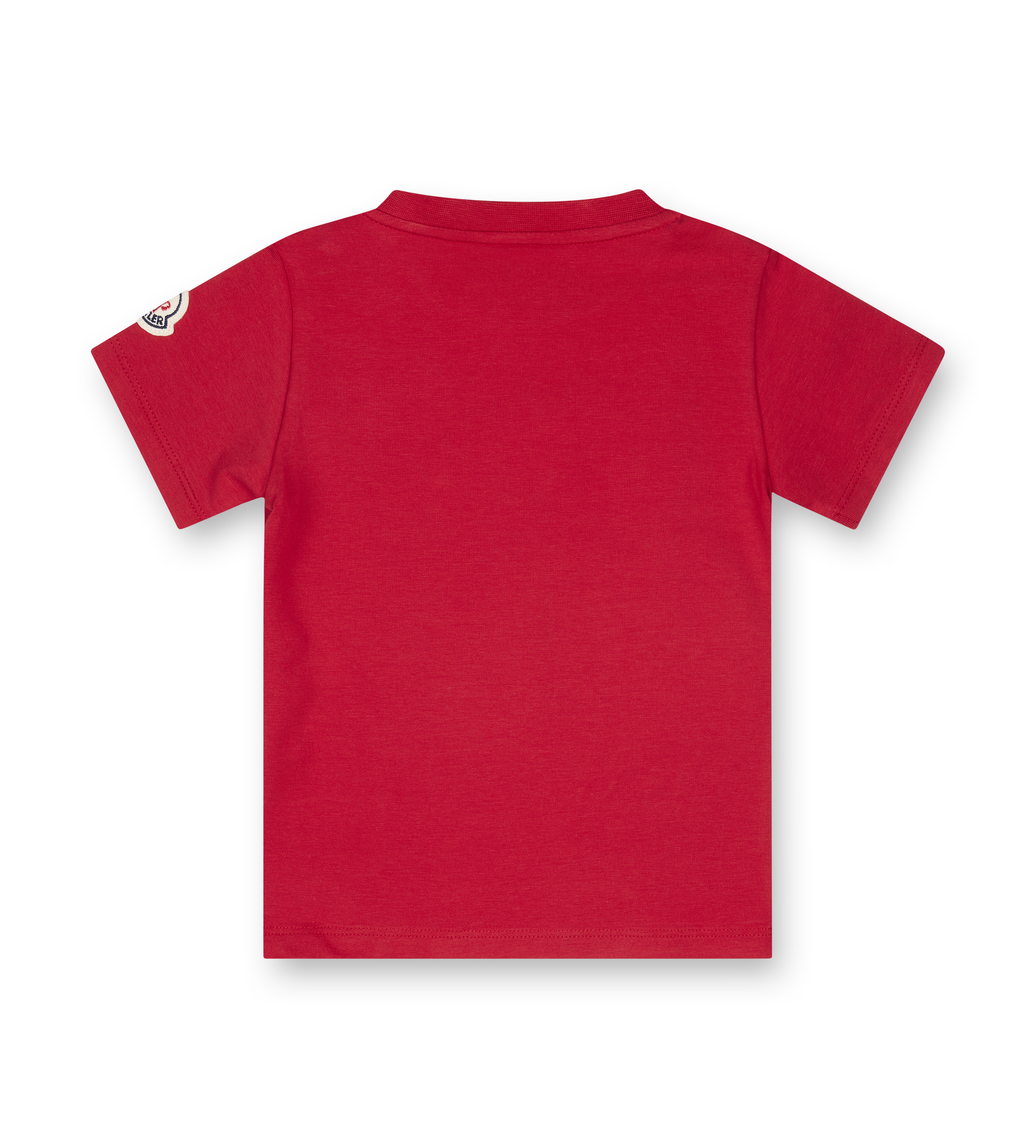 Red t-shirt with a small logo on the back against a white background