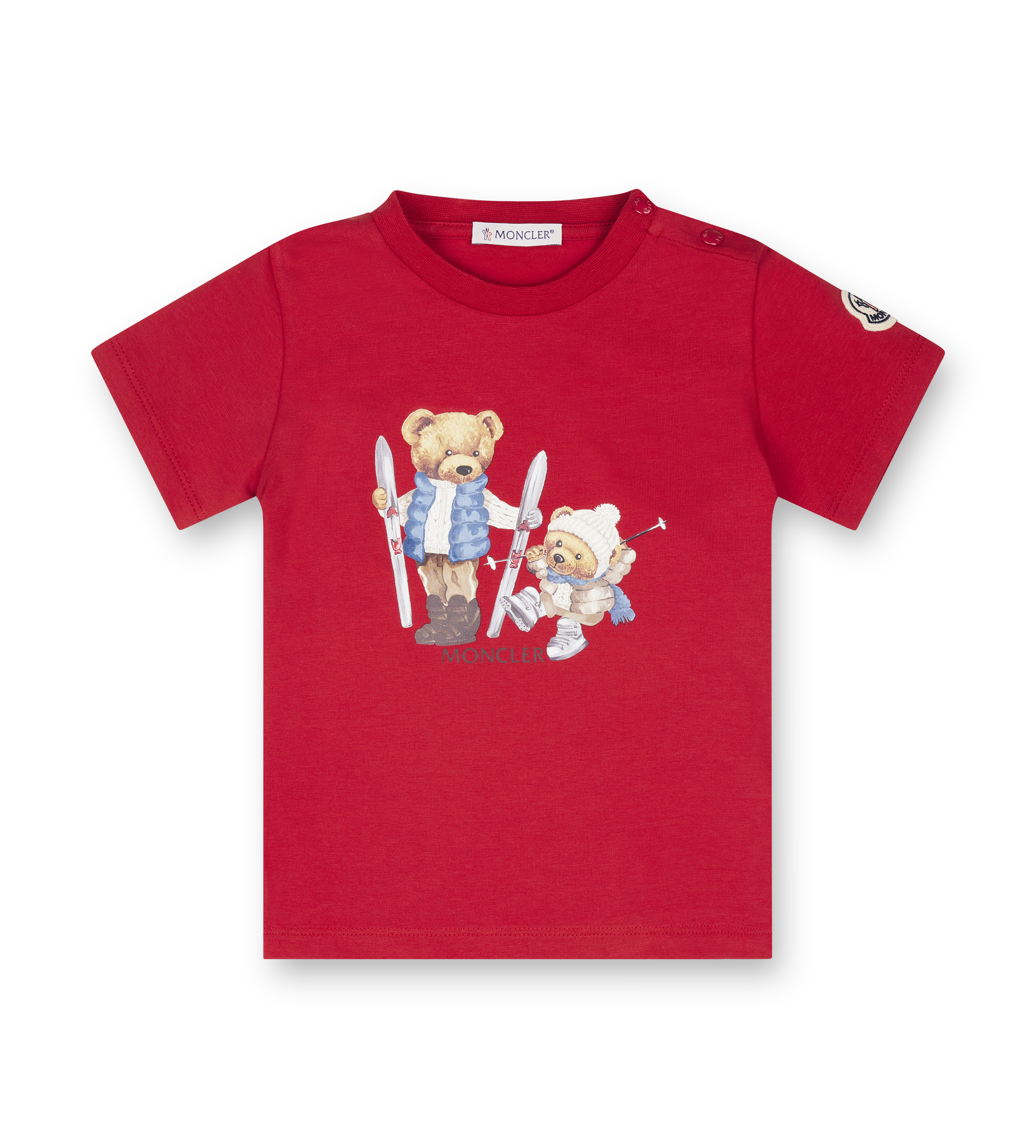 Red t-shirt with teddy bear design on a white background