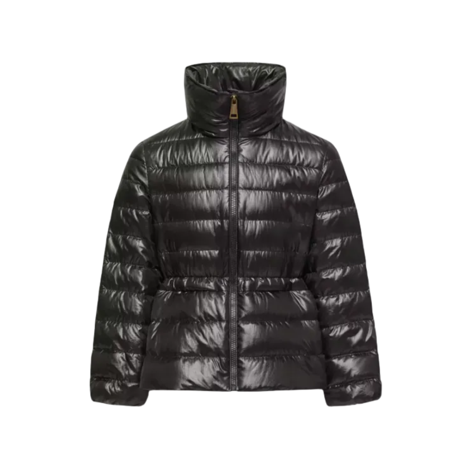 Black puffer jacket on a white background
