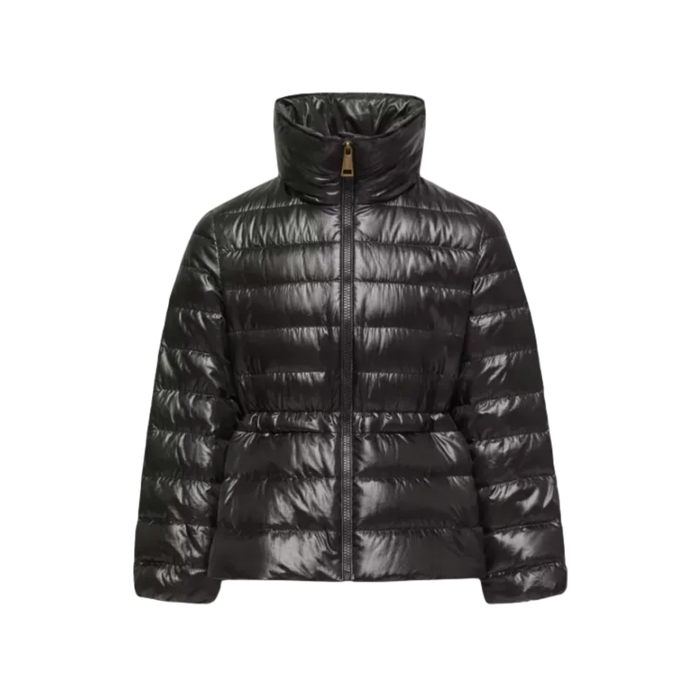 Black puffer jacket on a white background