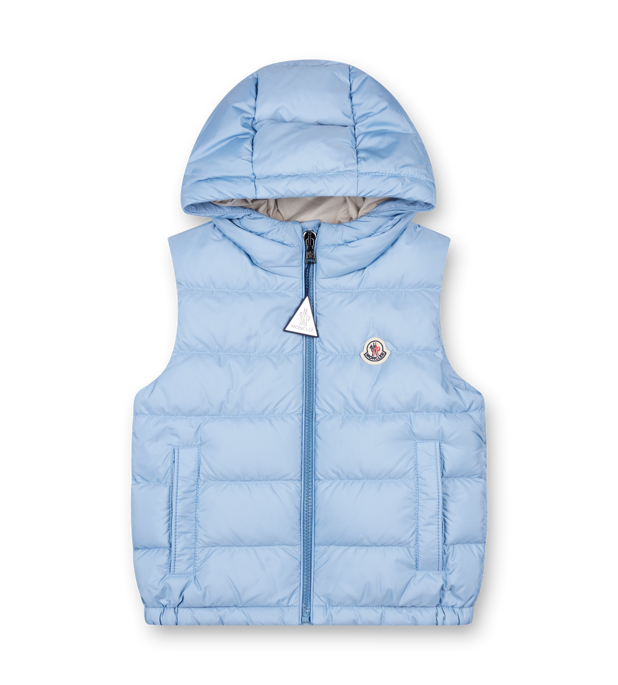 Light blue puffer vest with a hood on a white background

Details