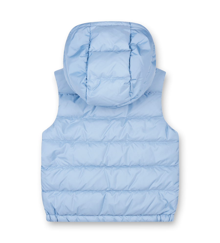Light blue puffer vest with a hood on a white background