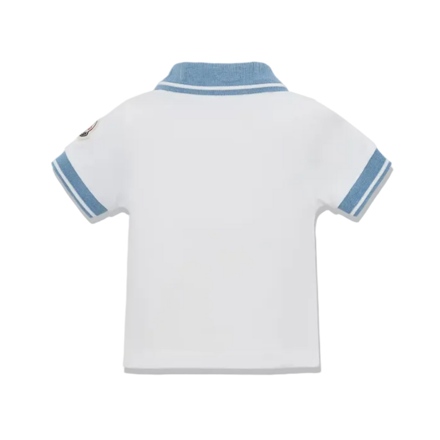 Moncler Logo Cotton Piquet Polo Shirt in White and Blue