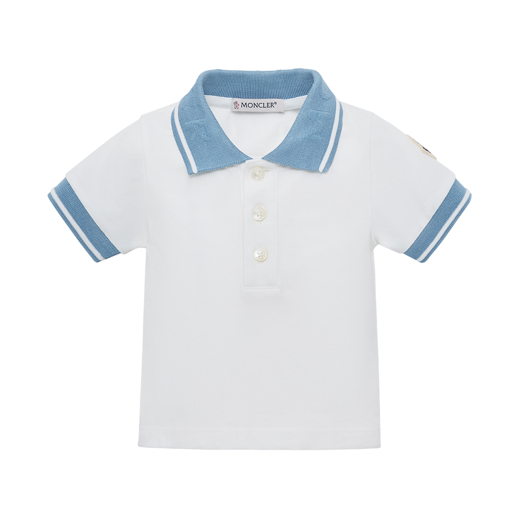 Moncler Logo Cotton Piquet Polo Shirt in White and Blue