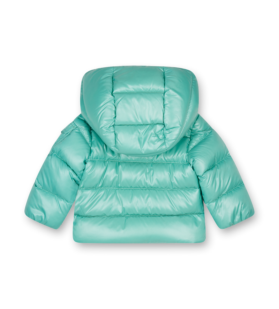 Light aqua green puffer jacket on a white background