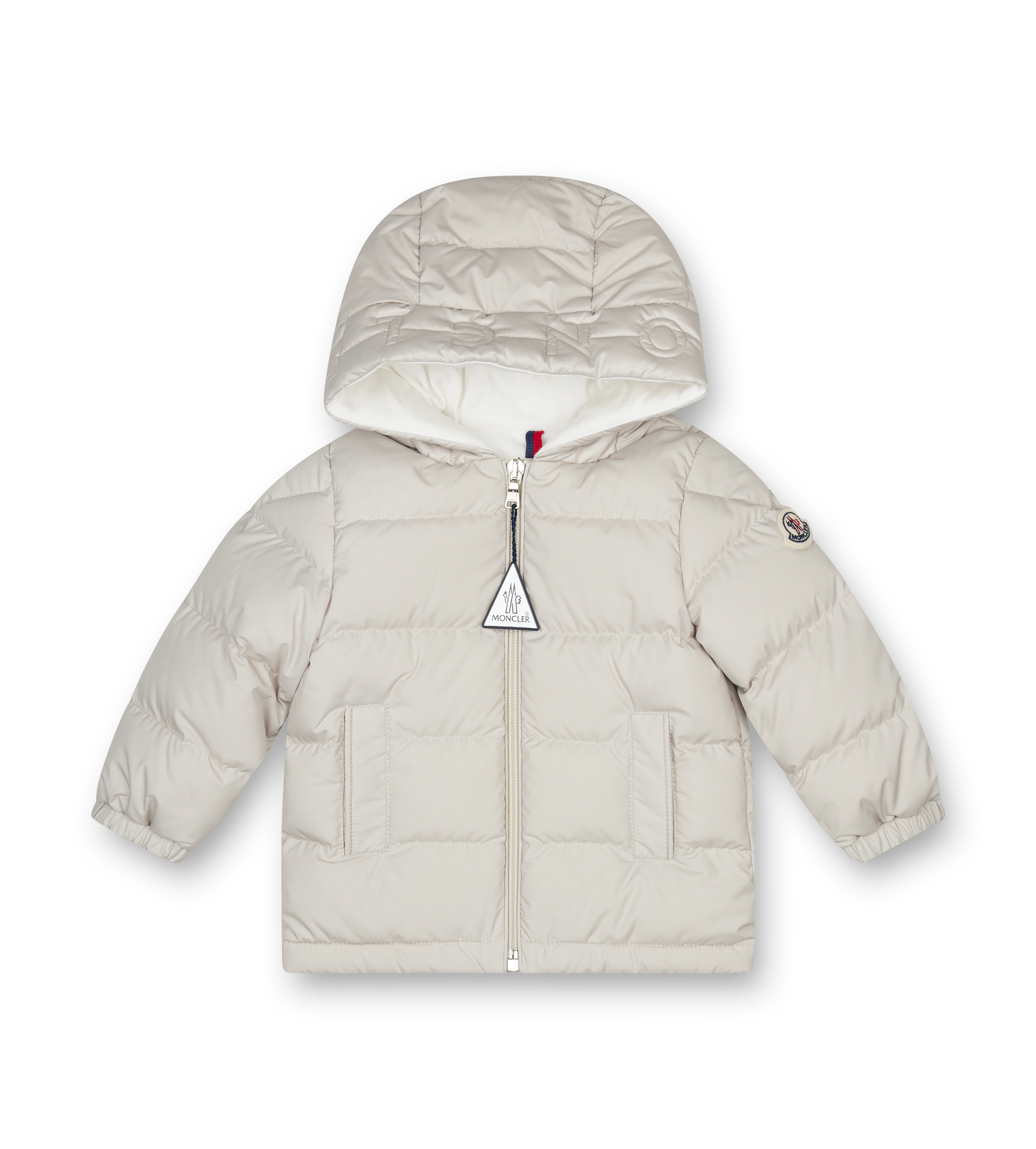 Beige puffer jacket with a brand logo on a white background