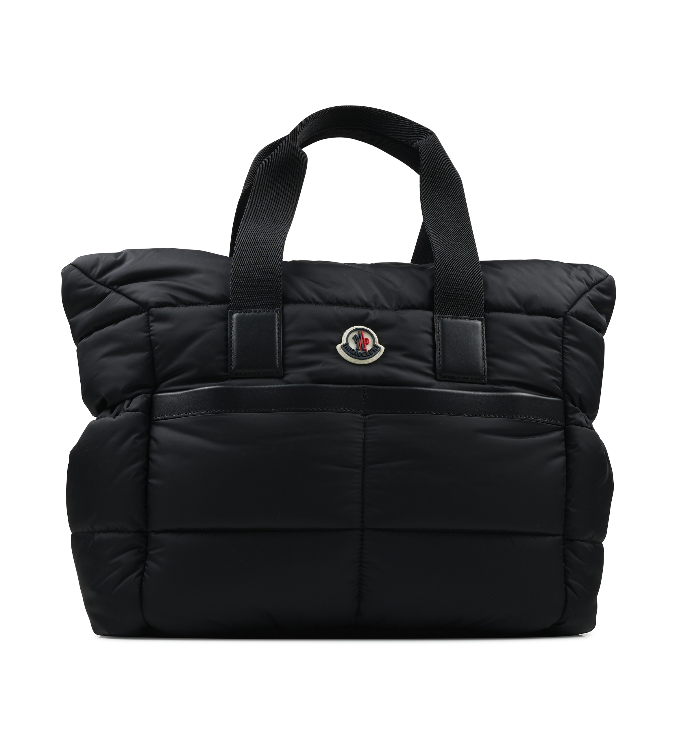 Black puffer bag with a brand logo on a white background