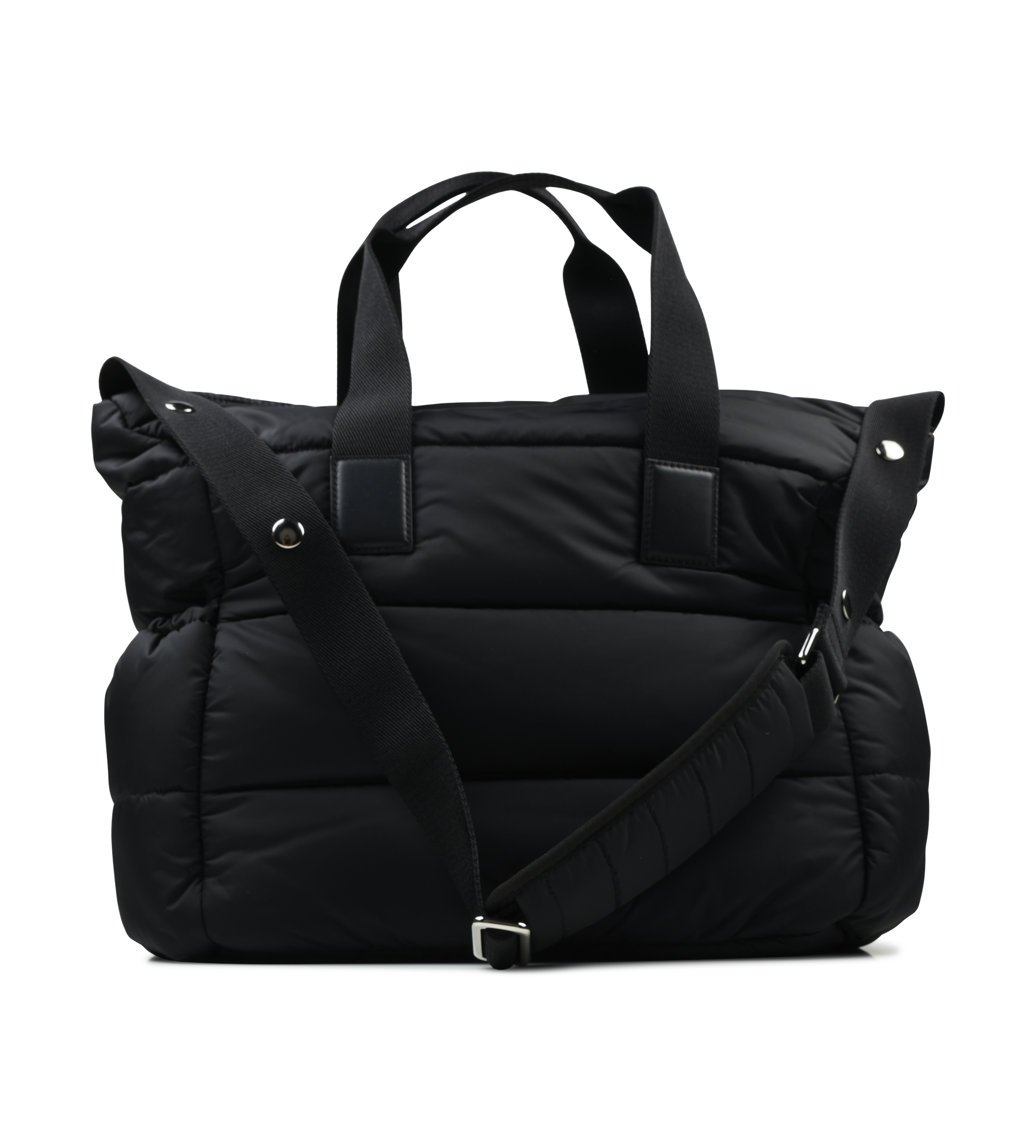 Black travel bag with a shoulder strap on a white background